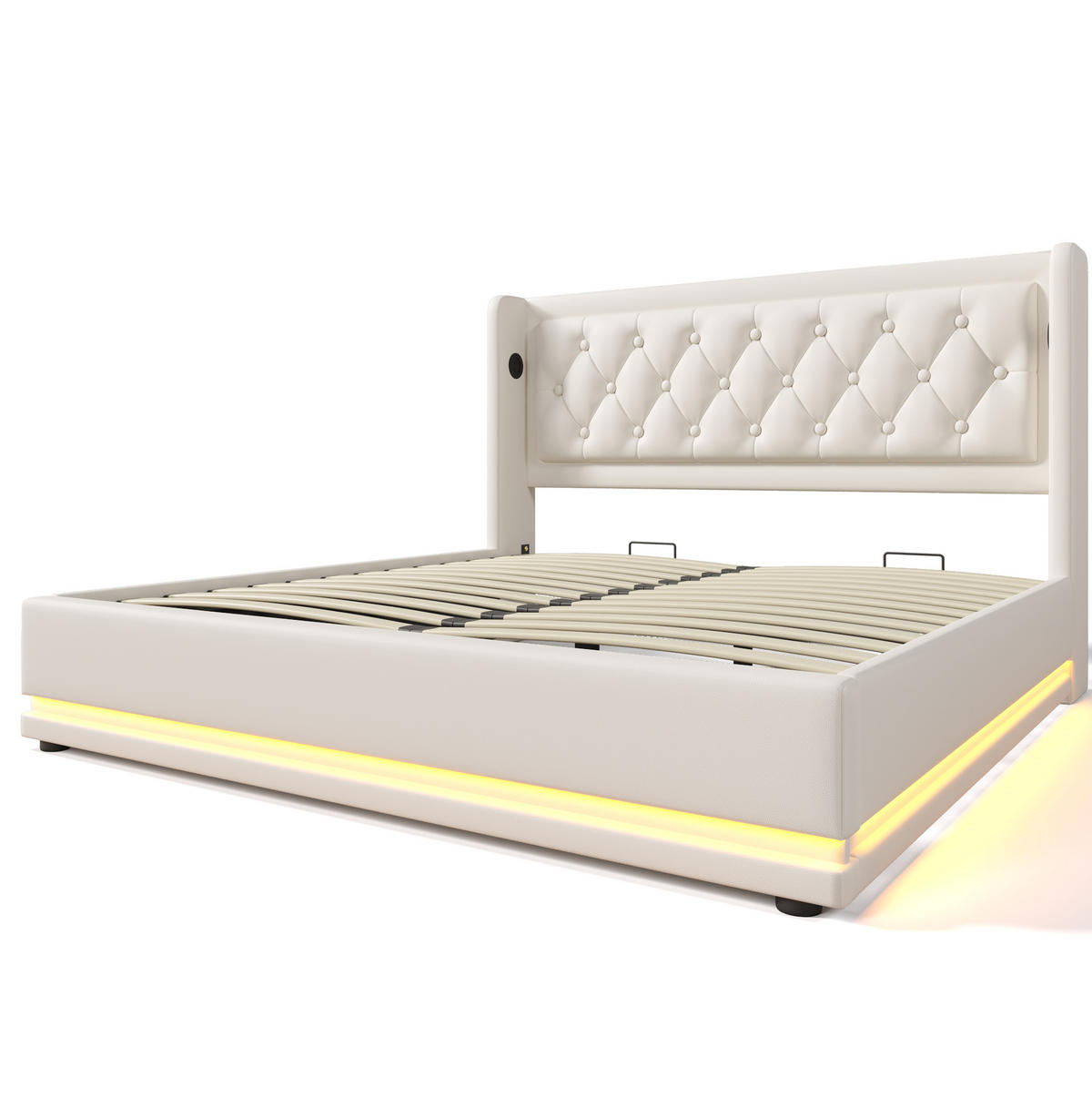 POLSTERBETT 140/200 cm mit USB-C, Matratze, LED und hydraulischem Bettkasten, PU, Weiß - Weiß, Kunststoff (140/200cm) - Redom
