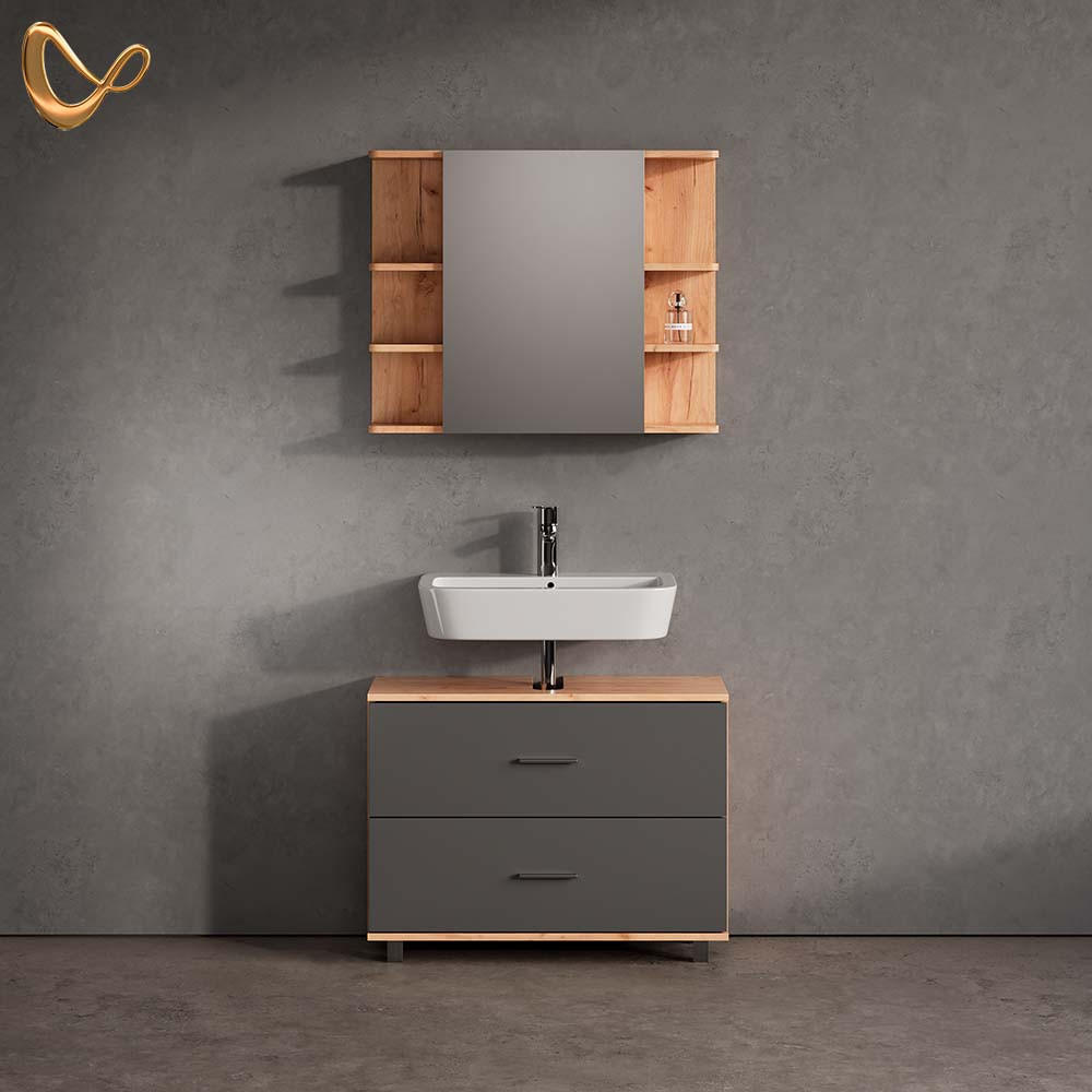 BADMÖBEL-SET Eisak Anthrazit/Goldkraft Eiche 2 Teile, Unterschrank 80 cm - Honigeiche/Anthrazit, Holzwerkstoff (80/60/33cm) - Livinity®