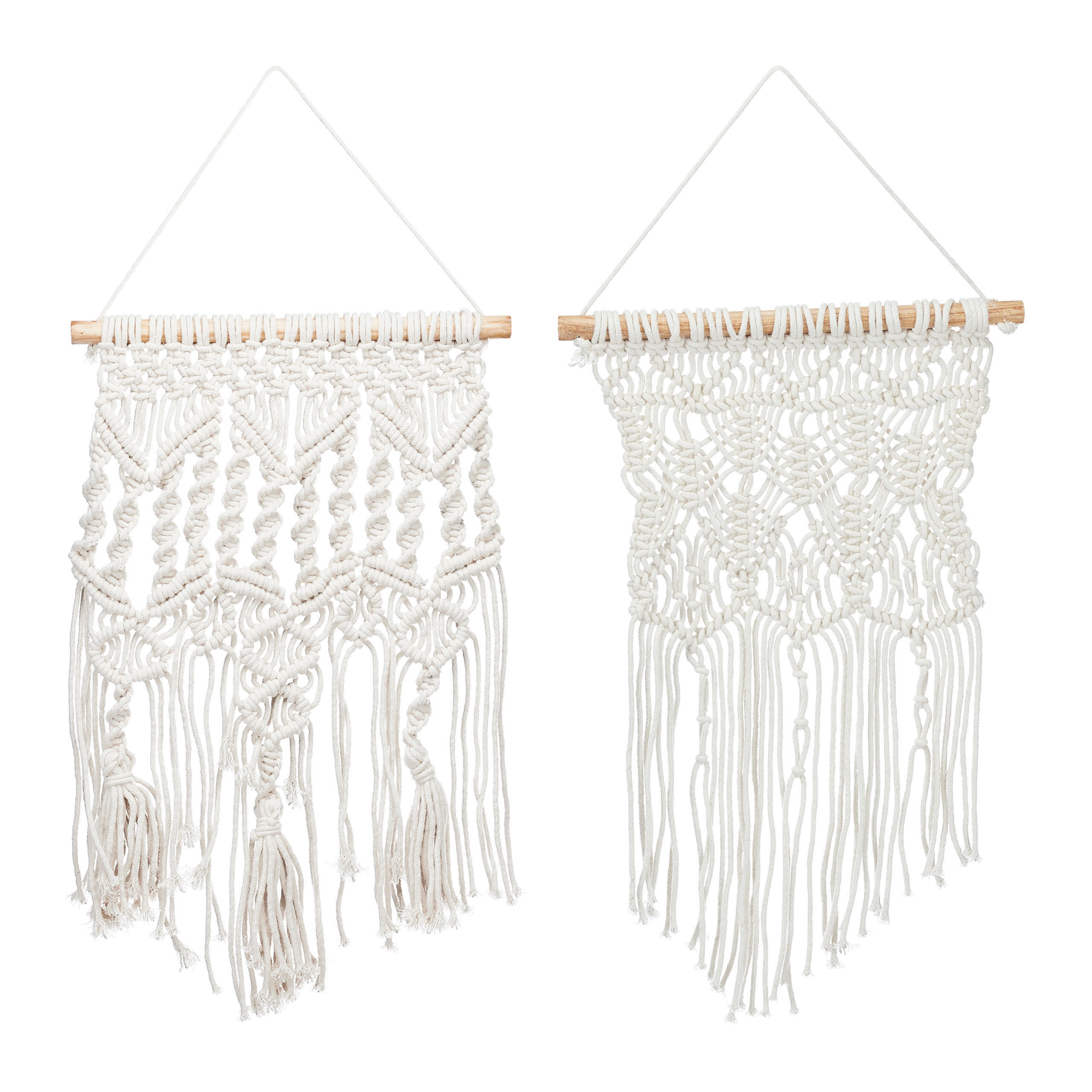 2-DIELNY makramé záves na stenu - krémová, drevo/textil (30/1.5cm) - Relaxdays