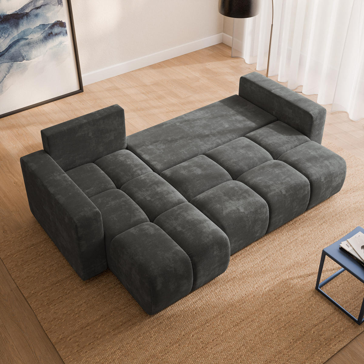 ECKSOFA RAMIL Grau Chenille mit Schlaffunktion - Grau, Holz (240/149cm) - MASSENO