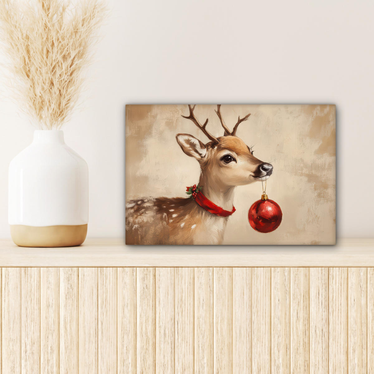 LEINWANDBILD Weihnachten - Hirsch - Geweih - Weihnachtskugel - Rentier 30x20 cm - Hellbraun, Textil (30/20cm) - MuchoWow