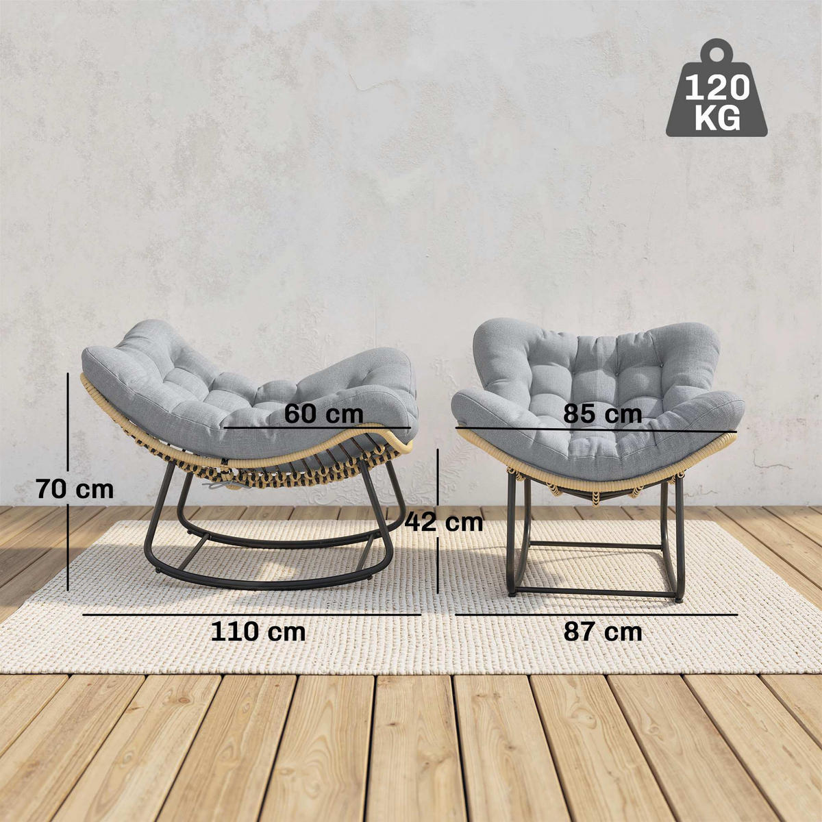 RATTAN-SCHAUKELSTUHL Metall PE-Rattan Grau - Dunkelgrau/Grau, Textil/Metall (87/70/110cm) - Outsunny