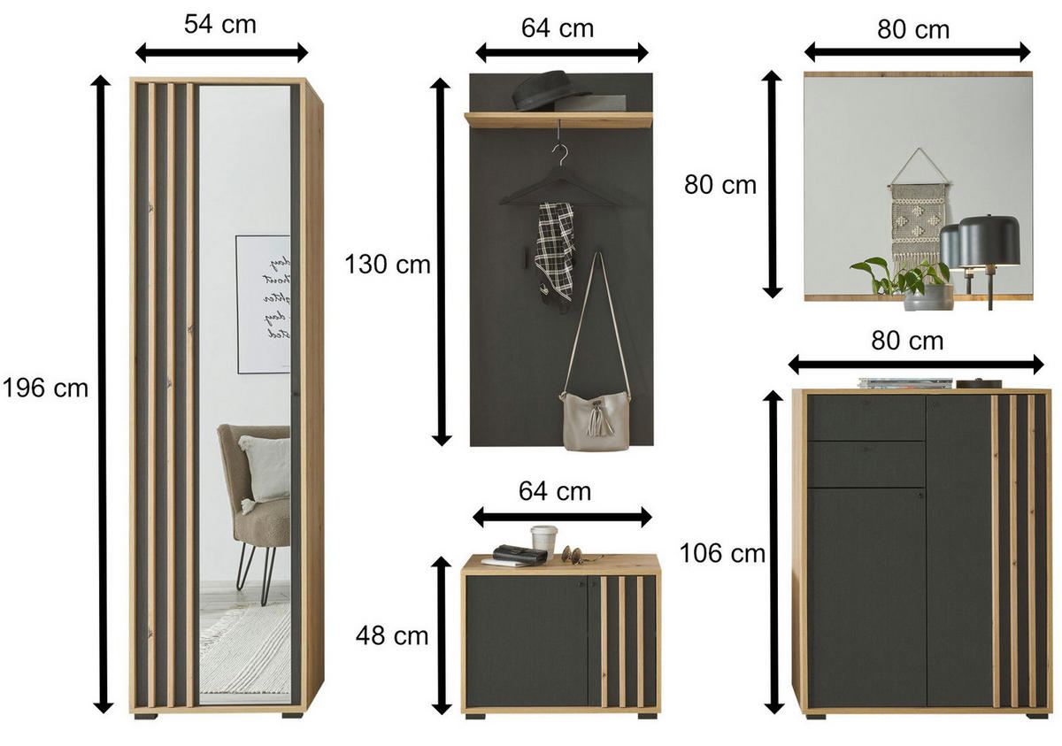 GARDEROBE 5-teilig in 230/196/38 cm - Schwarz, Holz (230/196/38cm) - moebel dich auf