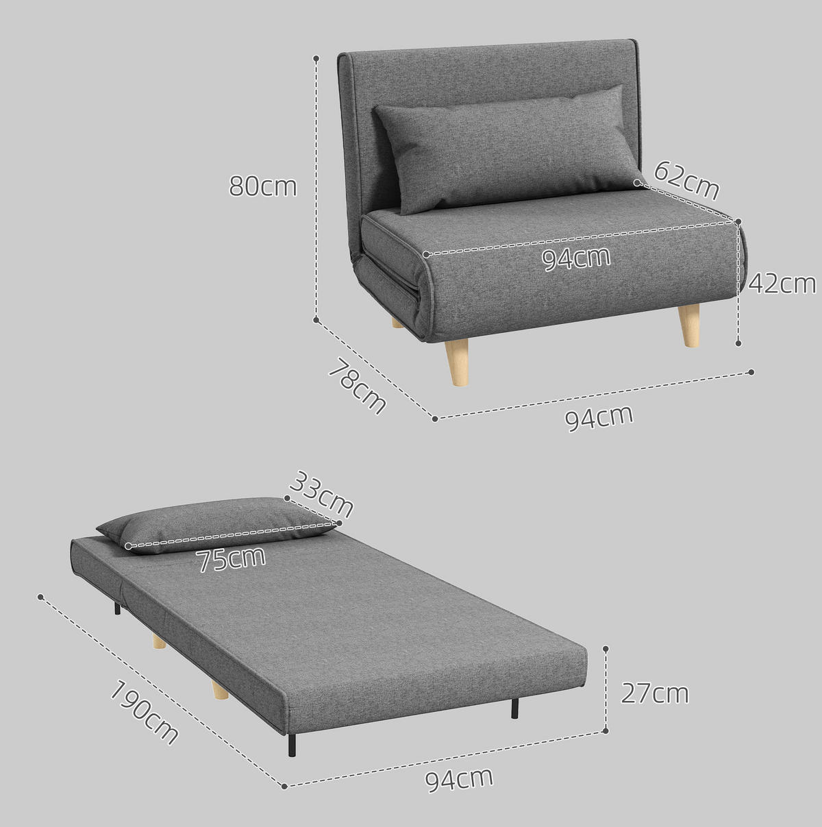 SCHLAFSOFA, Leinenbezug mit 6-fach verstellbarer Rückenlehne, 94/78/80 cm, Grau - Grau, Textil (78/80/94cm) - Redom