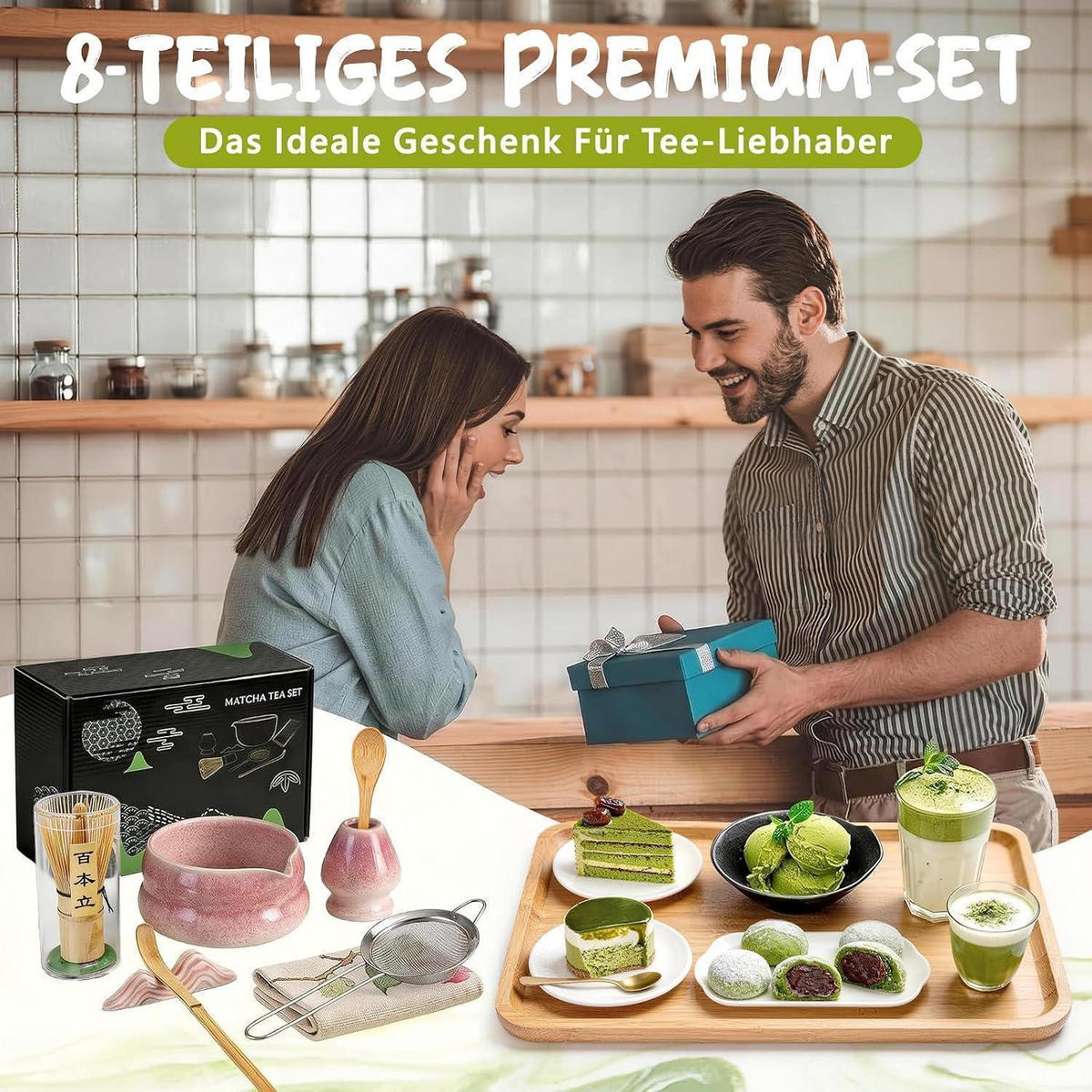 MATCHA Set 8-teilig Keramikschale Bambusbesen Halter Löffel Sieb Tuch Lila Farbverlauf - Lila, Keramik (16/10.8/20.5cm)