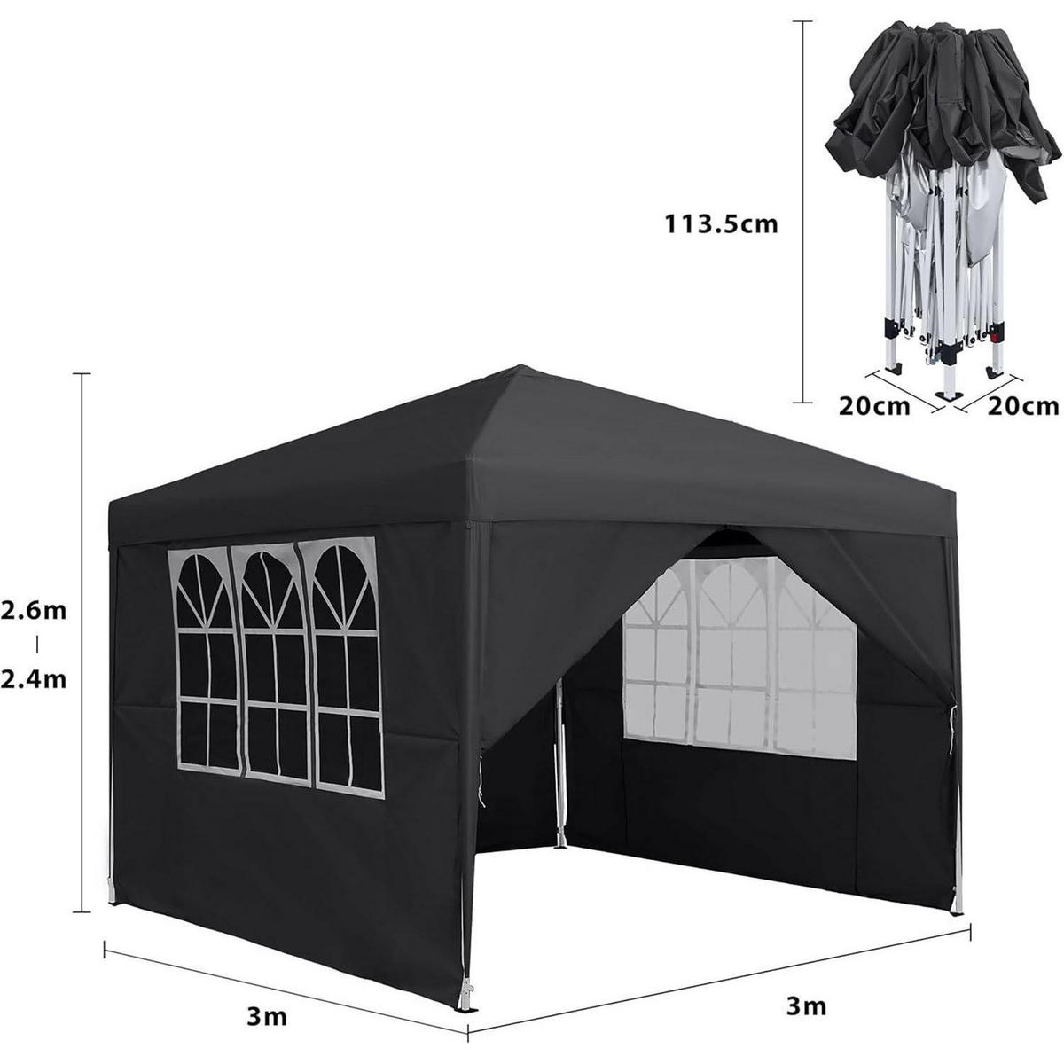 FALTPAVILLON 3 x 3 m Anthrazit mit 4 Seitenteilen und Fenstern - Schwarz, Textil (300/260/300cm)