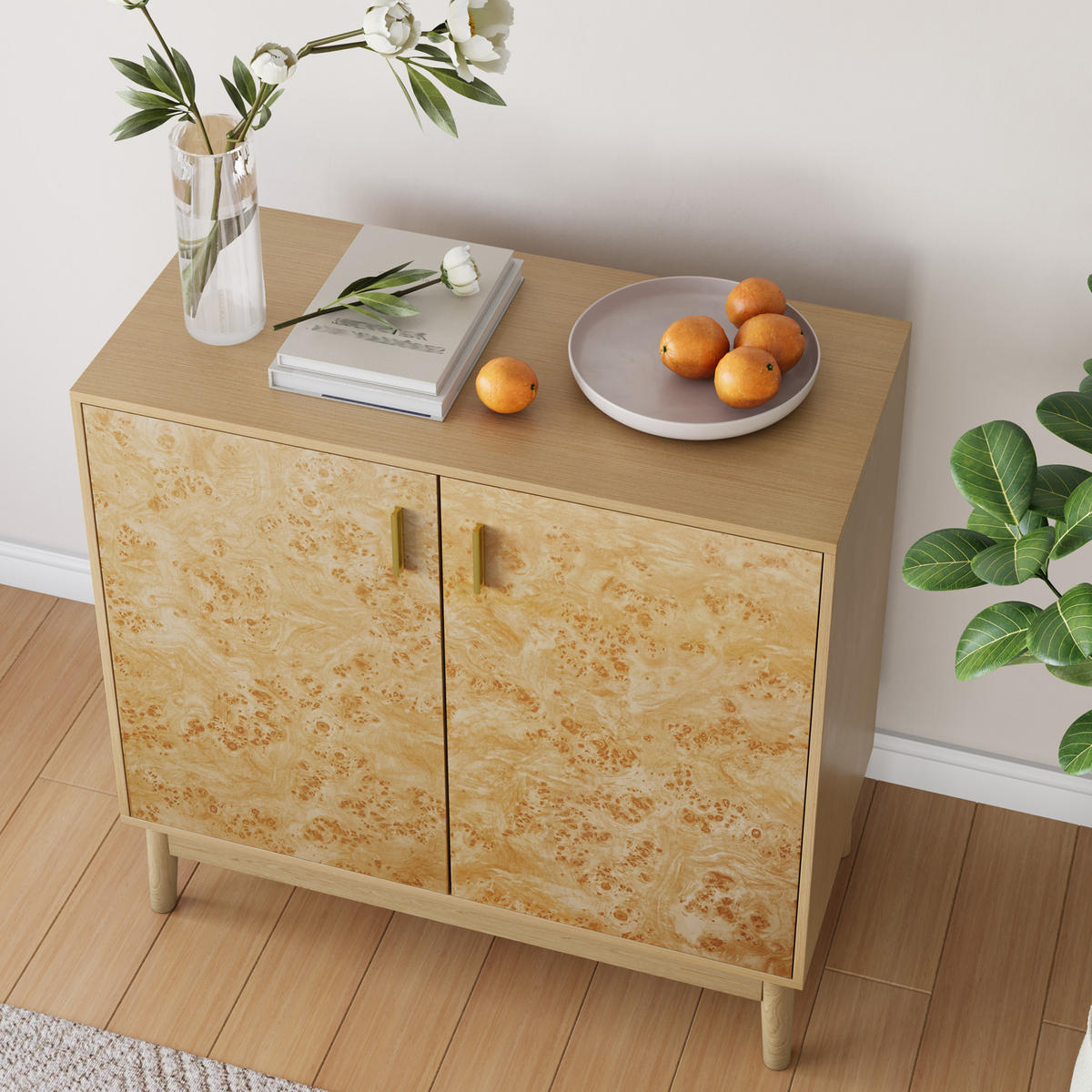 SIDEBOARD Gelb mit Baumknoten-Struktur, goldener Griff, MDF/Holz, verstellbare Einlegeböden, 80/38/77,5 cm, Gelb - Gelb, Holzwerkstoff (80/77.5/38cm) - Redom