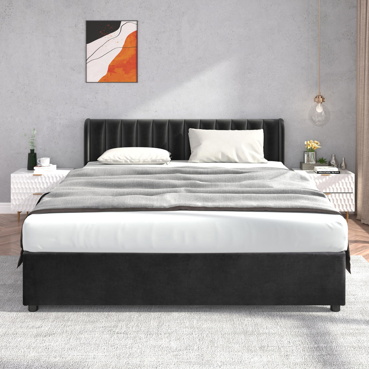 POLSTERBETT 180/200 cm aus Samt mit Lattenrost, hohem Kopfteil und 2 Schubladen, Schwarz - Schwarz, Textil (180/200cm) - Redom