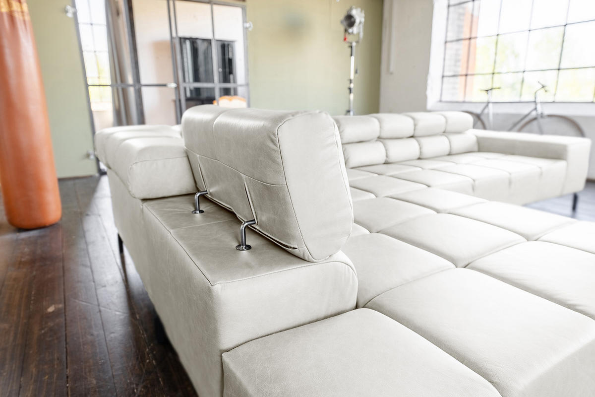 ECKSOFA NELSON Hellgrau Leder Relaxfunktion - Hellgrau/Schwarz, Leder/Metall (321/216cm) - KAWOLA