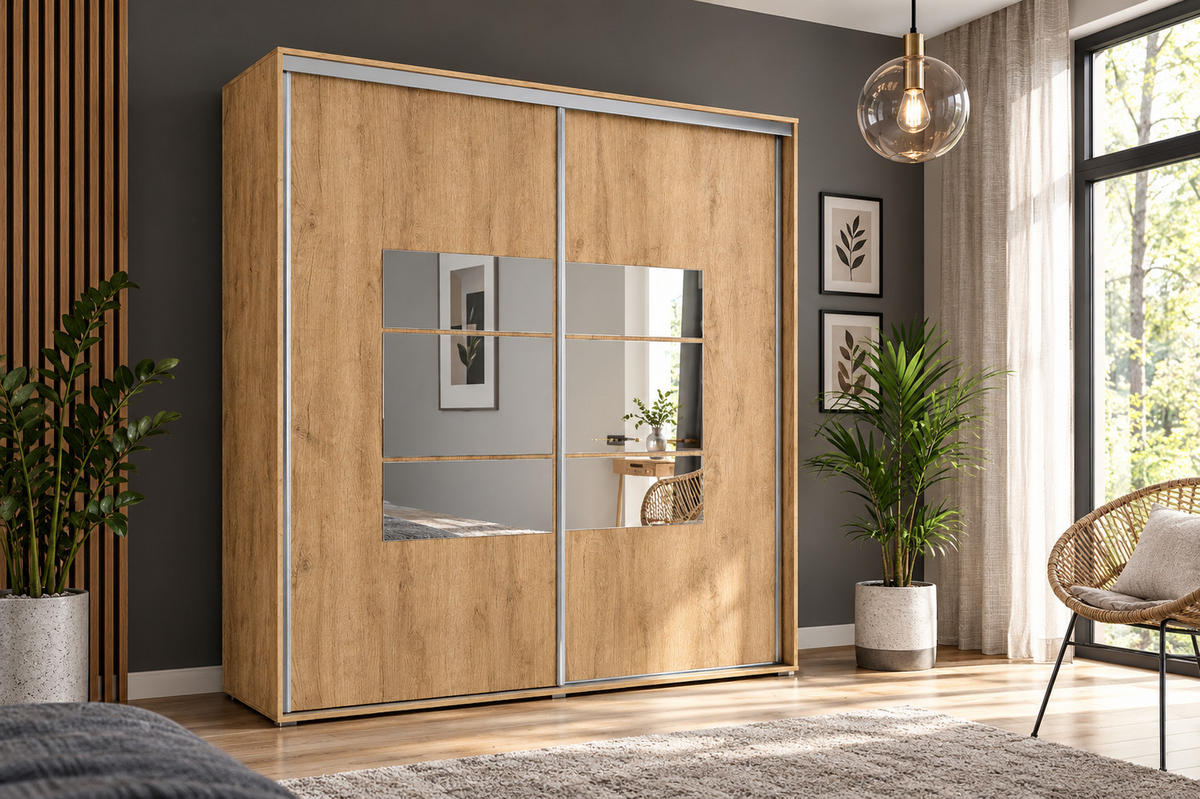 SCHLAFZIMMERSCHRANK mit 2 Schiebetüren und Spiegel - Artisan *A2 - Goldfarben, Holzwerkstoff (230/245/62cm) - BM-Möbel