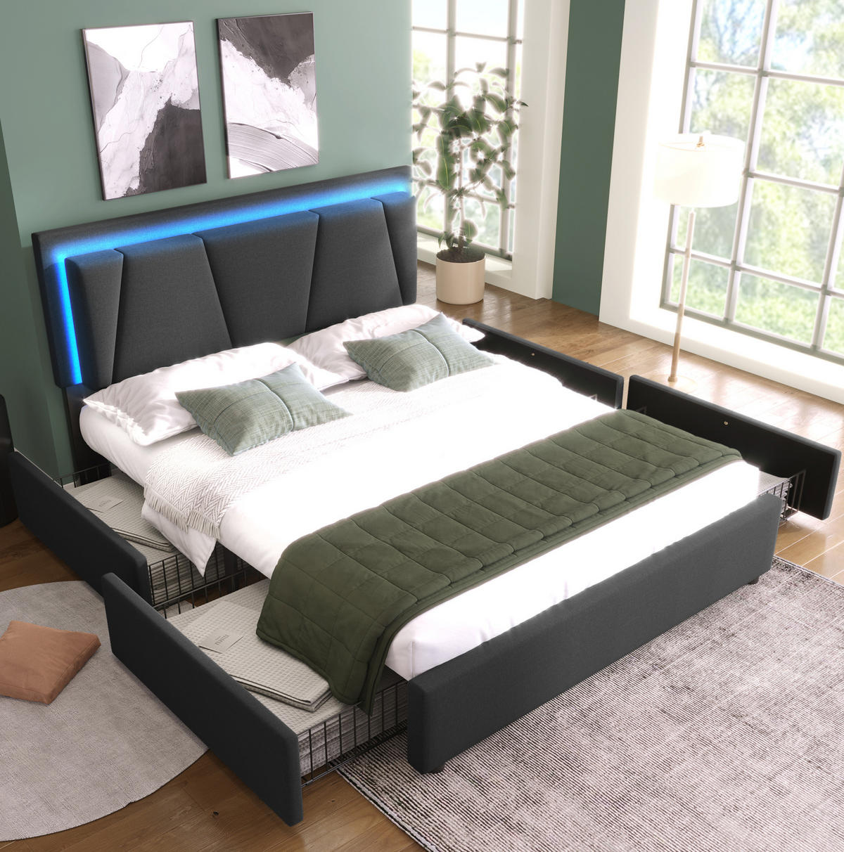 POLSTERBETT 140/200 cm Grau aus Holz mit LED-Beleuchtung - Grau, Holz (140/200cm) - OKMYHOME