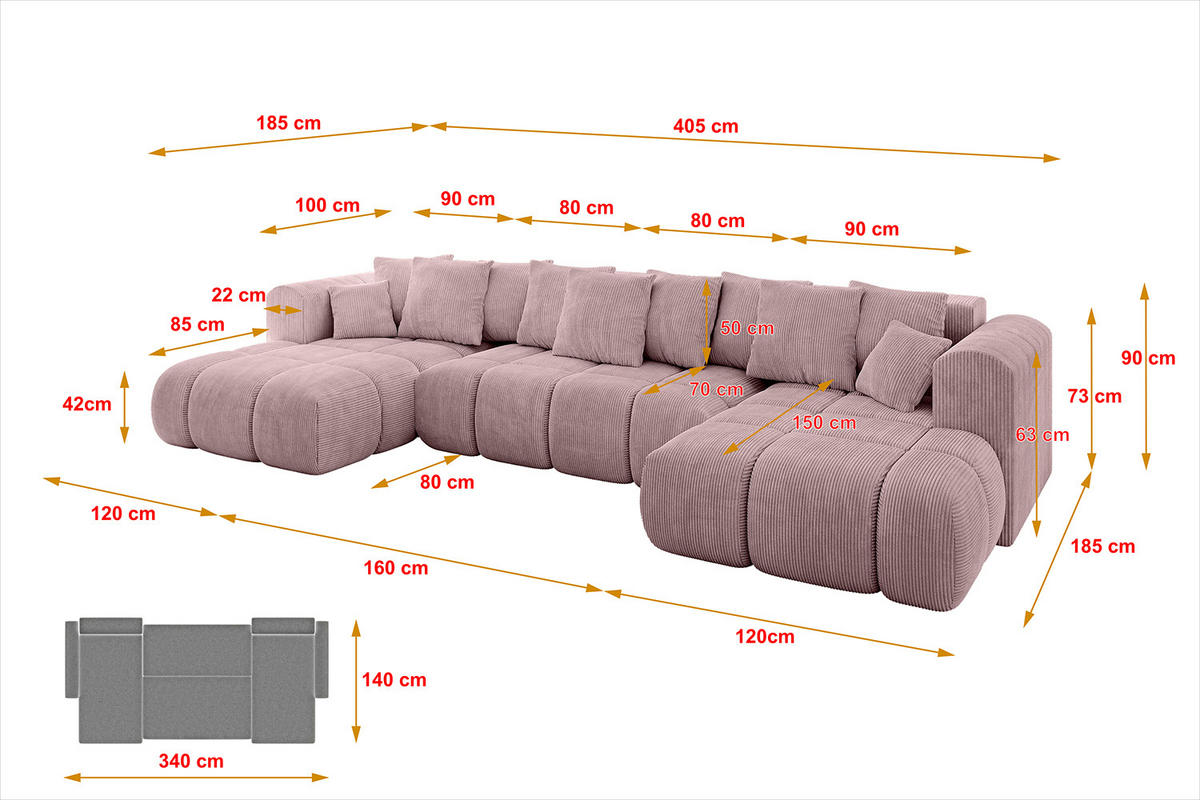 WOHNLANDSCHAFT CLOUD-U-v1 405x185x90 Rosa Cord - Rosa, Holzwerkstoff/Kunststoff (405/90/185cm) - ALTDECOR