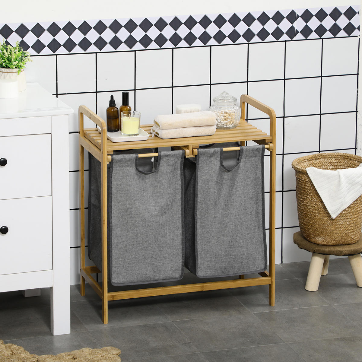 WÄSCHEKORB Bambus Polyester Grau - Grau, Naturmaterialien (33/73/63.5cm) - HOMCOM