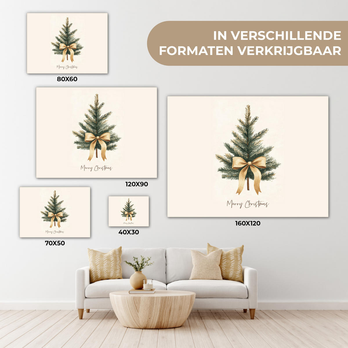 LEINWANDBILD Weihnachtsbaum - Weihnachten - Frohe Weihnachten - Beige 40x30 cm - Sandfarben, Textil (40/30cm) - MuchoWow