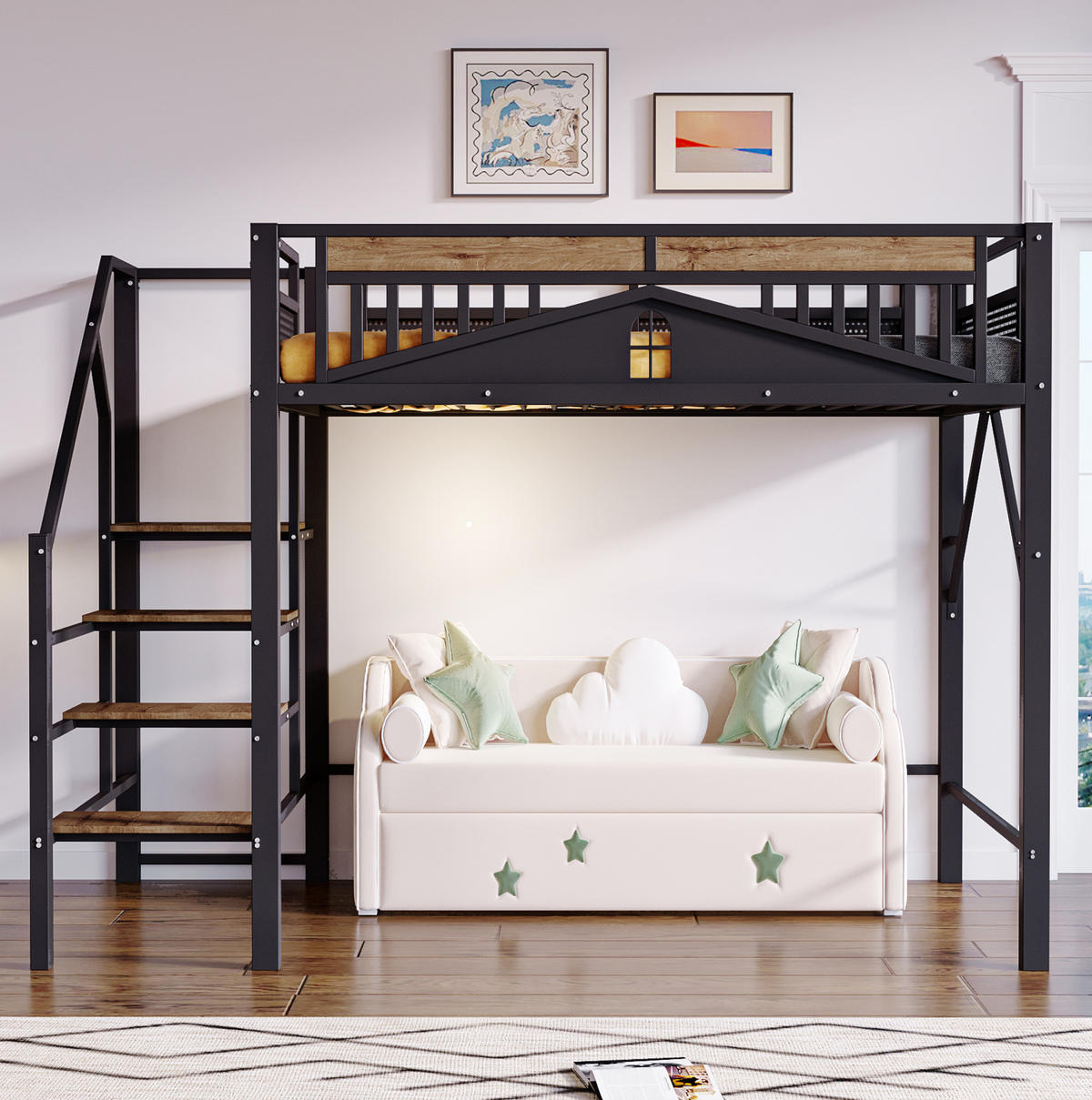 HOCHBETT 140/200 cm aus Metall mit Sicherheitsleiter, Schwarz - Schwarz, Metall (140/200cm) - OKMYHOME