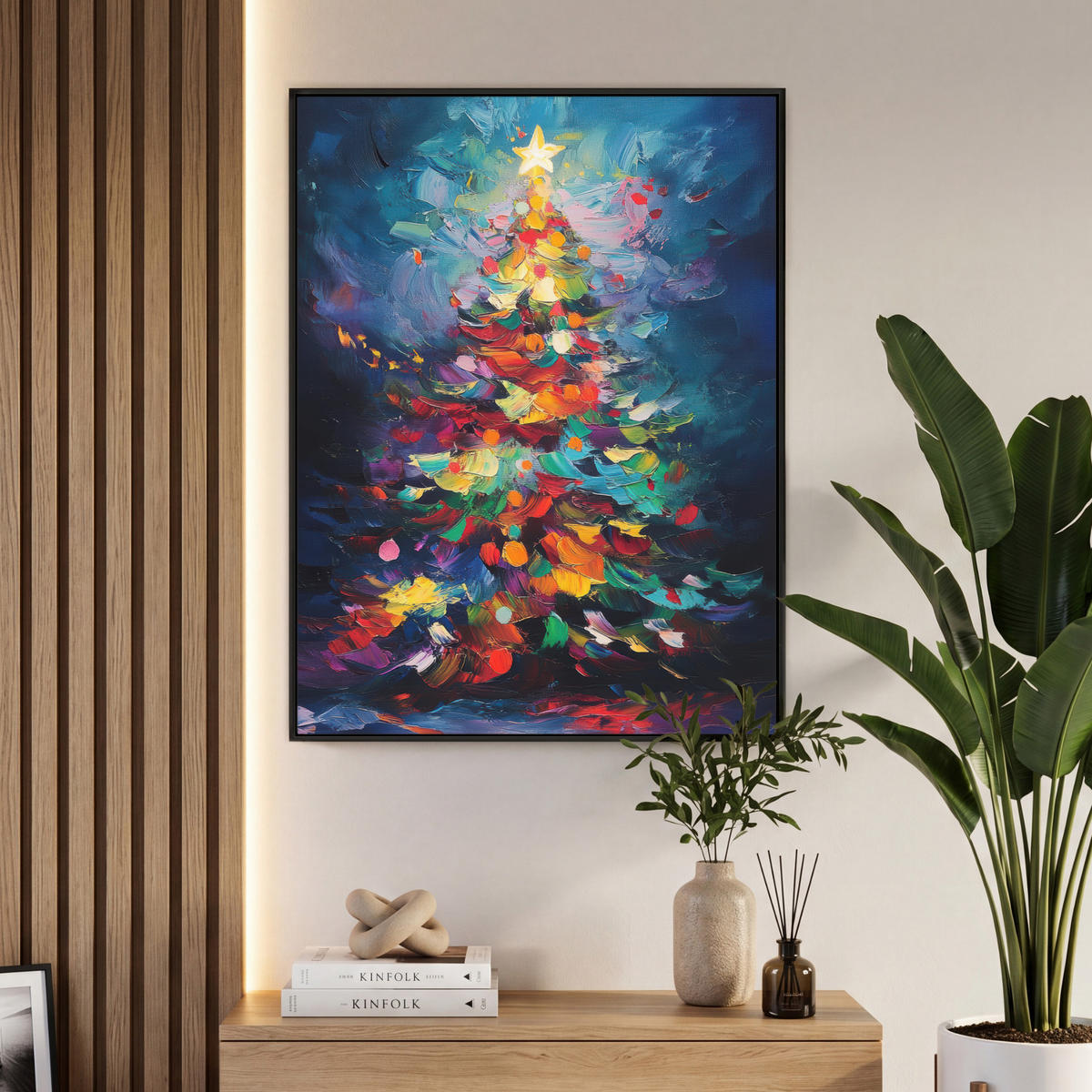 LEINWAND Bilder mit Rahmen - Weihnachtsbaum - Weihnachten - Abstrakt - Farbenfroh - 70x100 - Multicolor, Textil (70/100cm) - MuchoWow