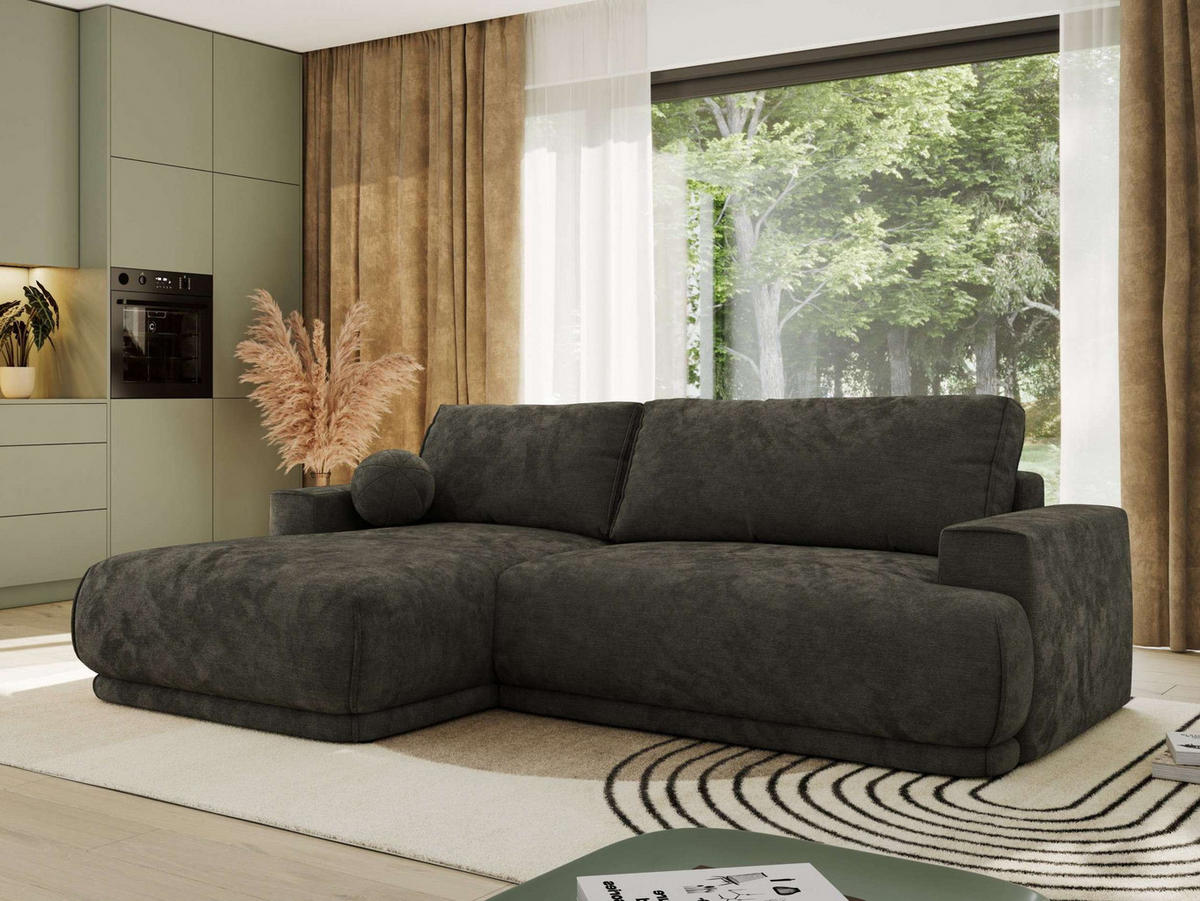 ECKSCHLAFSOFA RINA L Dunkelgrau Schenille glatt - links - Dunkelgrau/Schwarz, Kunststoff/Textil (267/170cm) - MKS