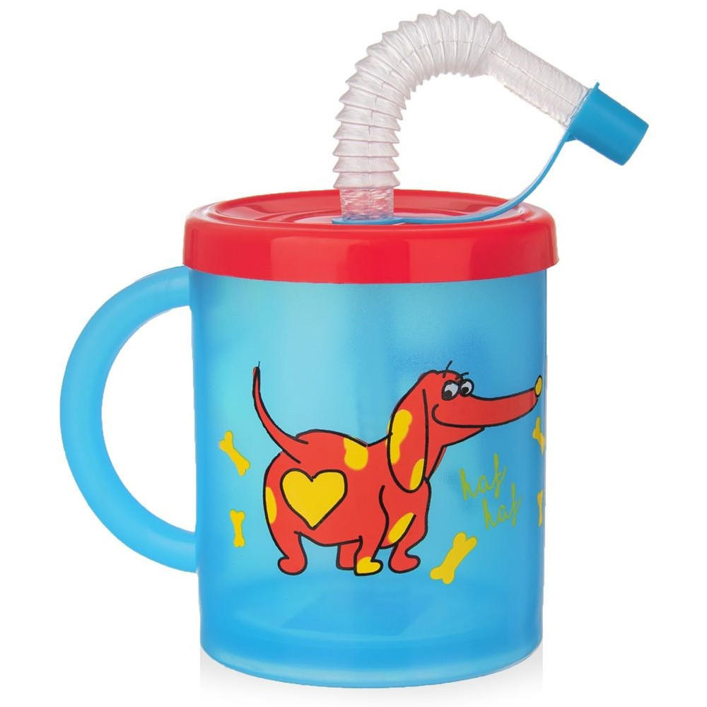 KINDERBECHER HUND MIT STROHHALM, Kunststoff, blau, 260 ml - Blau, Kunststoff (0.26L) - Orion 