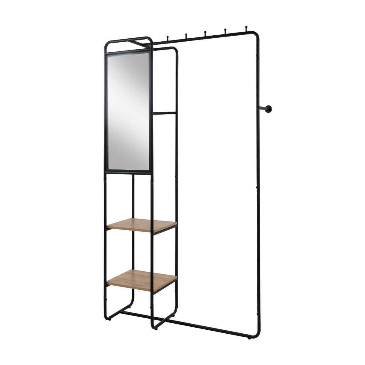 GARDEROBE aus lackiertem metall mit 6 haken, 2 regalen und 1 spiegel - luton 100/37/185 cm - Schwarz, Holzwerkstoff (37/185/43cm) - Calicosy