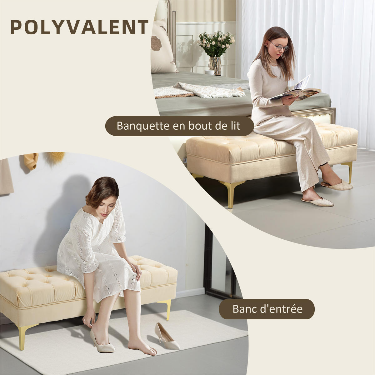 HOCKERBANK DE-12847 Knopfheftung und Goldbeine Beige - Beige, Textil (45/42/118cm) - ComfortXL