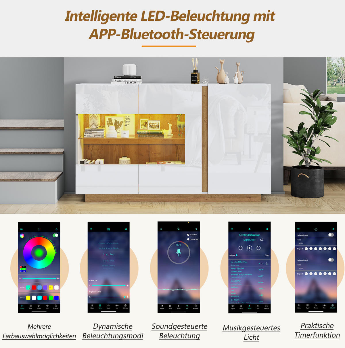 SIDEBOARD 138/38,5/90,5 cm aus Spanplatte und Glas mit 3 Türen, LED-Beleuchtung und Hochglanzfront, Weiß - Weiß, Holzwerkstoff (138/90.5/38cm) - Redom