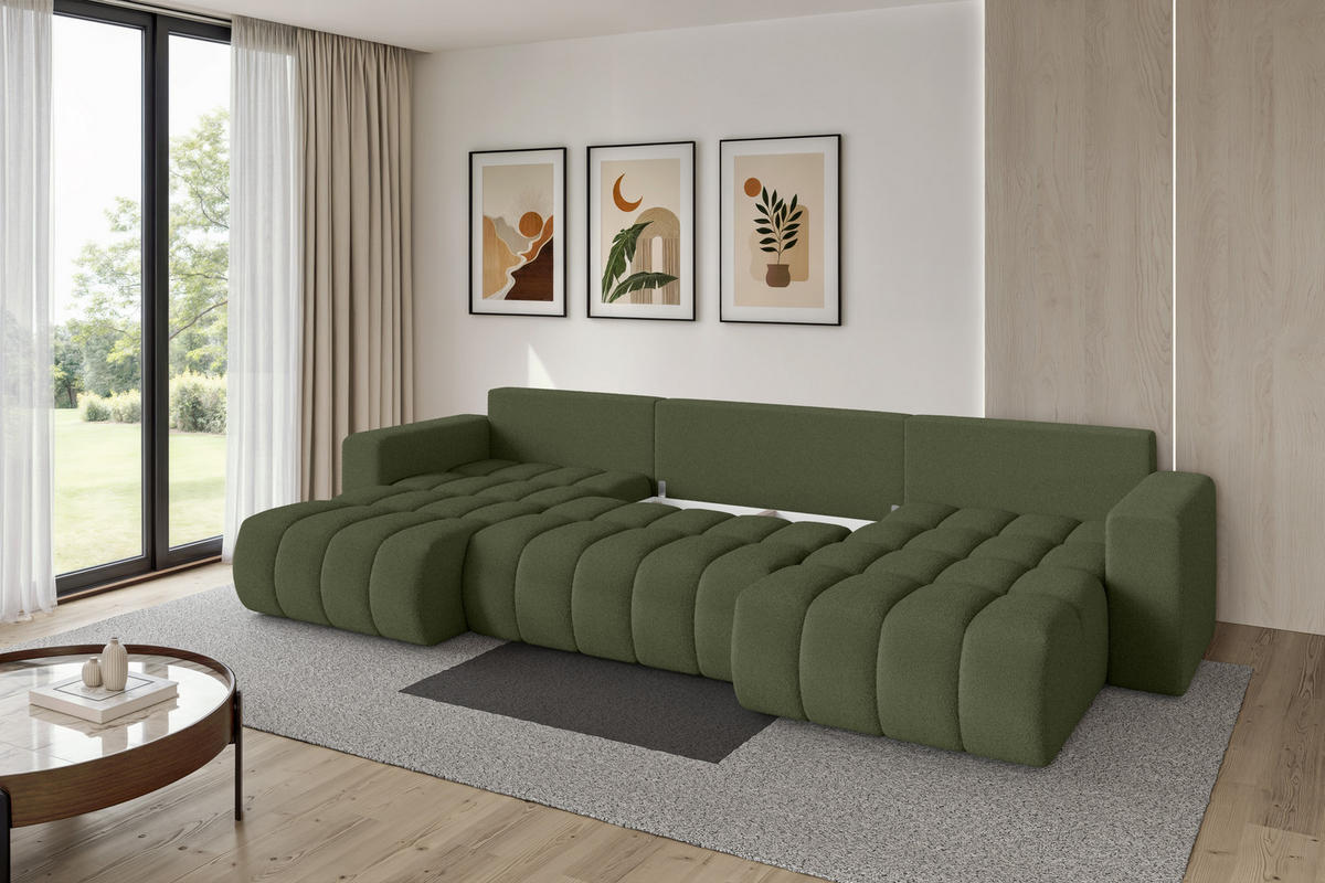 SEDACÍ SOUPRAVA DO U s funkcí spaní a úložným prostorem MILA-U-v1 378x194x86 zelená bouclé - černá/zelená barva, kompozitní dřevo/textil (378/86/194cm) - ALTDECOR