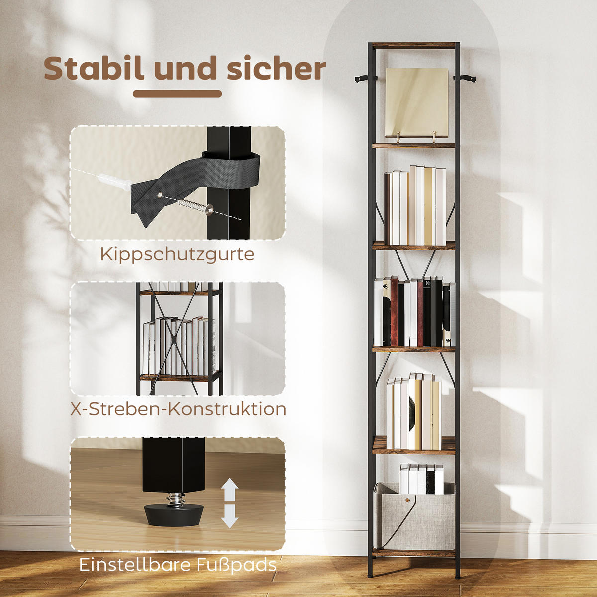 BÜCHERREGAL 2er-Set Regal mit 6 Ebenen Standregal mit Stahlrahmen Rustikal-Braun - Schwarz/Braun, Holzwerkstoff/Metall (30/174.5/30cm) - HOMCOM
