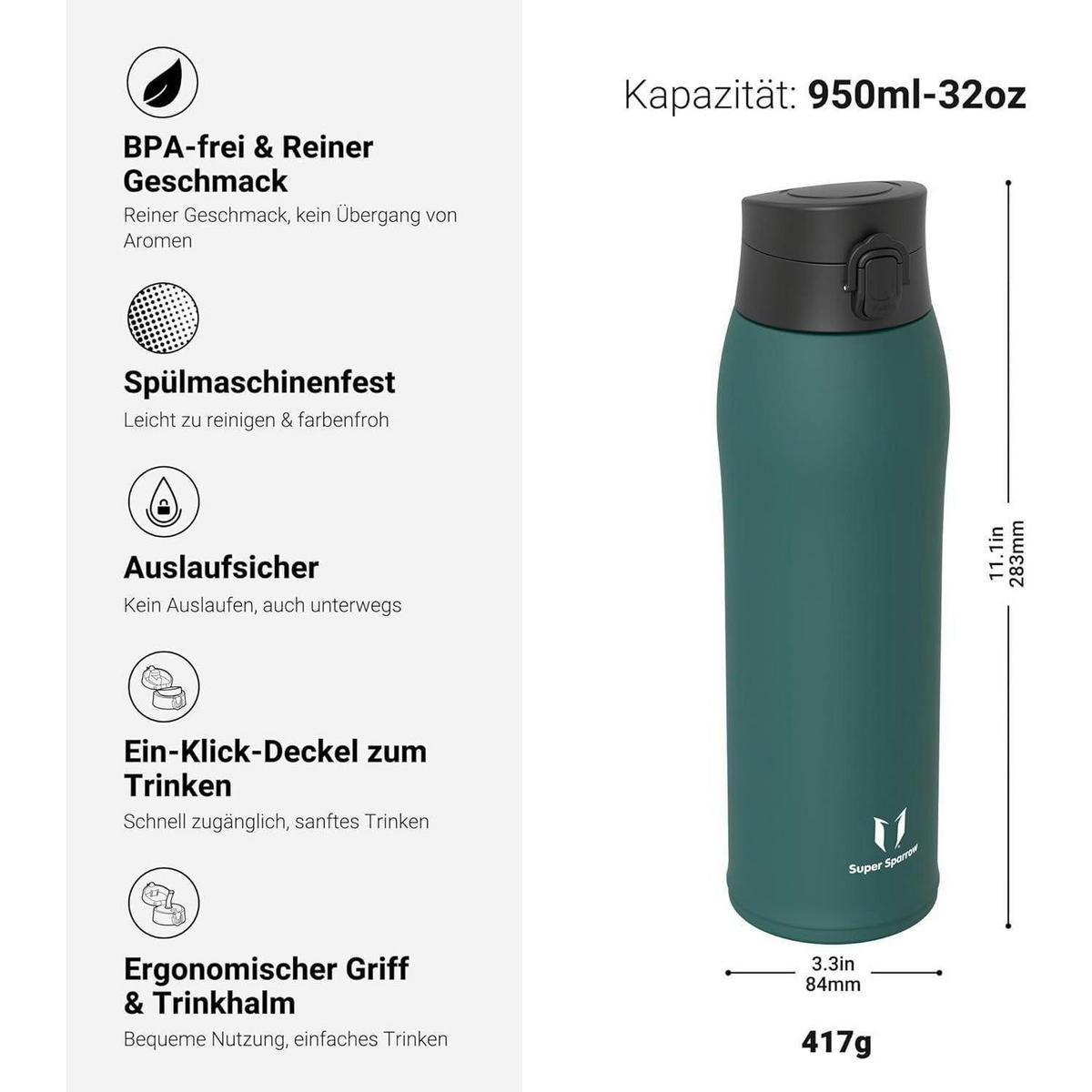 THERMOSFLASCHE Edelstahl 950 ml Dunkelgrün - Olivgrün, Metall (8.4/8.4cm)