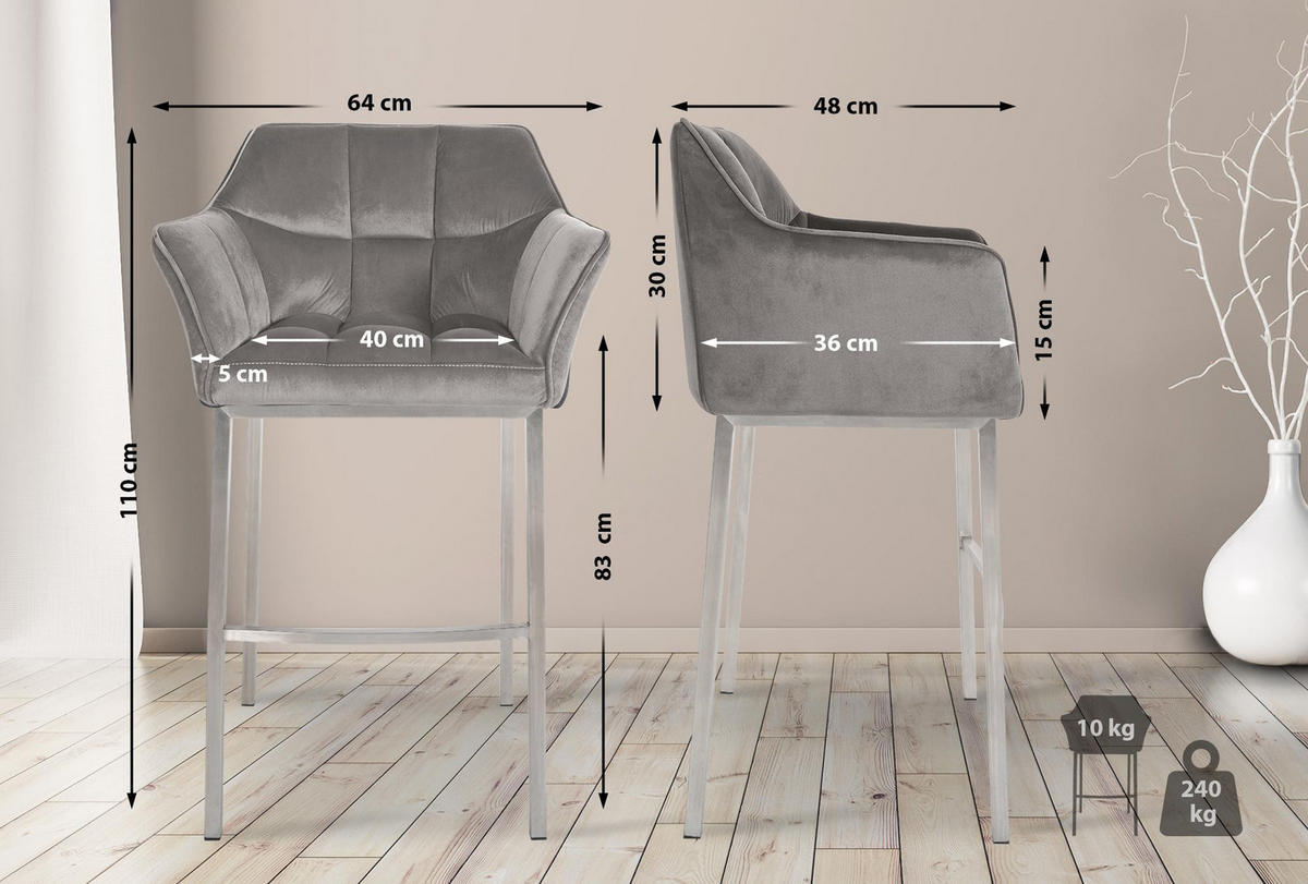 BARHOCKER Gibel Samt Grau Silber - Grau, Textil (64/110/48cm) - DELUKE