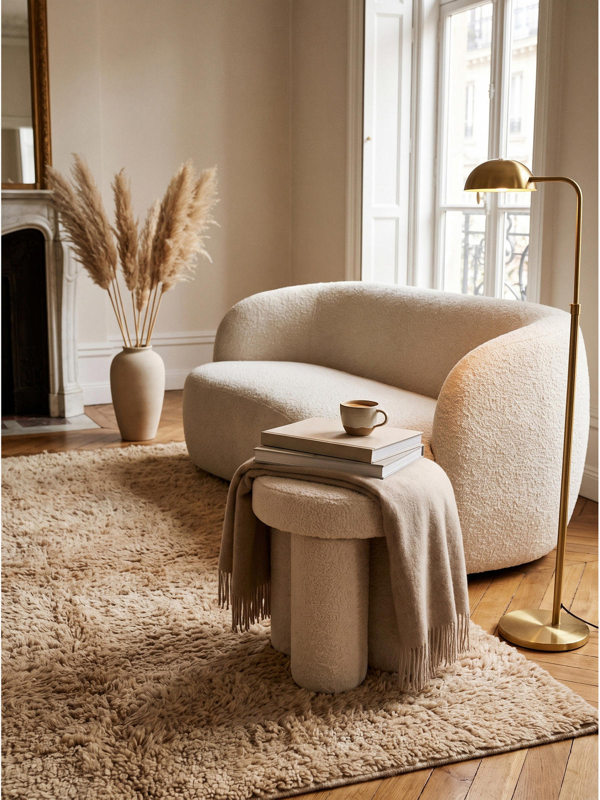 SITZHOCKER AVEN, Teddystoff, mit Textilbezug, Creme, Ø 40 x 45 cm - Beige/Creme, Textil (40/45/40cm) - KADIMA DESIGN