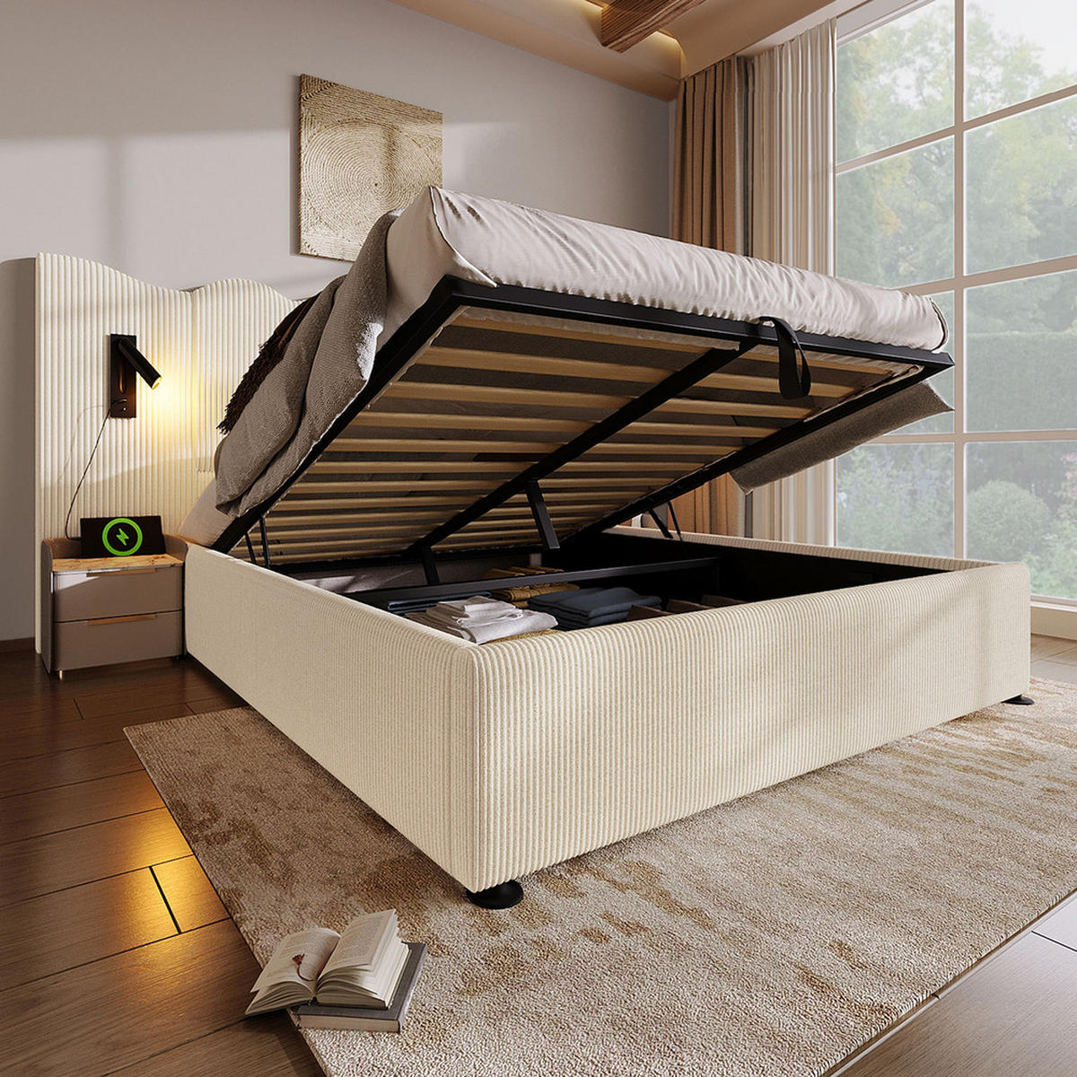 POLSTERBETT 160x200cm Doppelbett mit Leselampe & USB-C Stauraum Beige-Weiß - Beige, Holz - FLIEKS