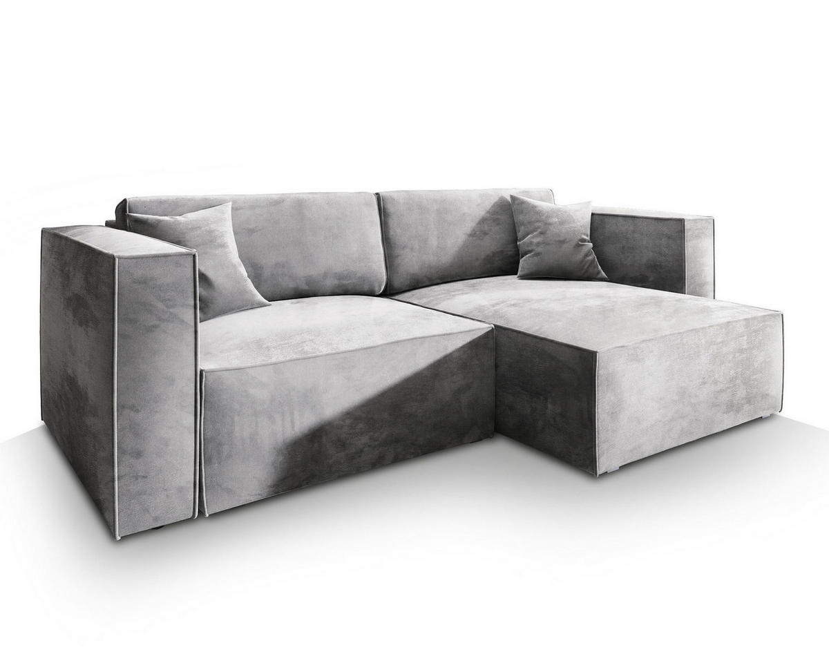 ECKSOFA NERIO M Hellgrau Velours-Stoff mit Schlaffunktion - Hellgrau, Holz (245/148cm) - MASSENO