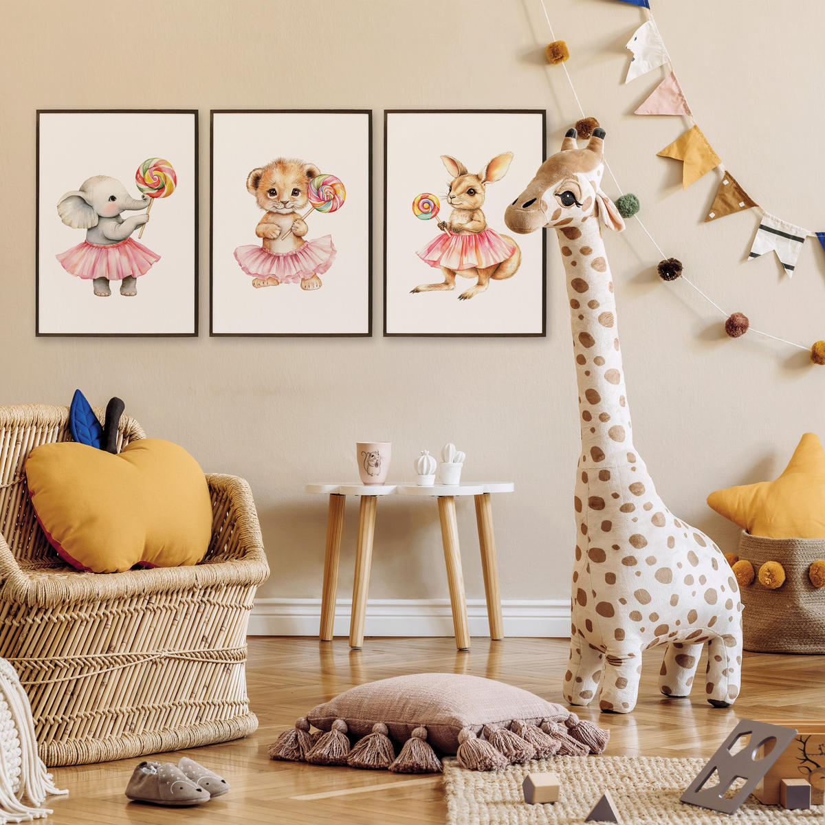 POSTER SET ohne Rahmen für Kinder TIERE mit Lutschern 3x Poster A3 30x42cm - Gelb/Beige, Papier (30/42/1cm) - Muralo