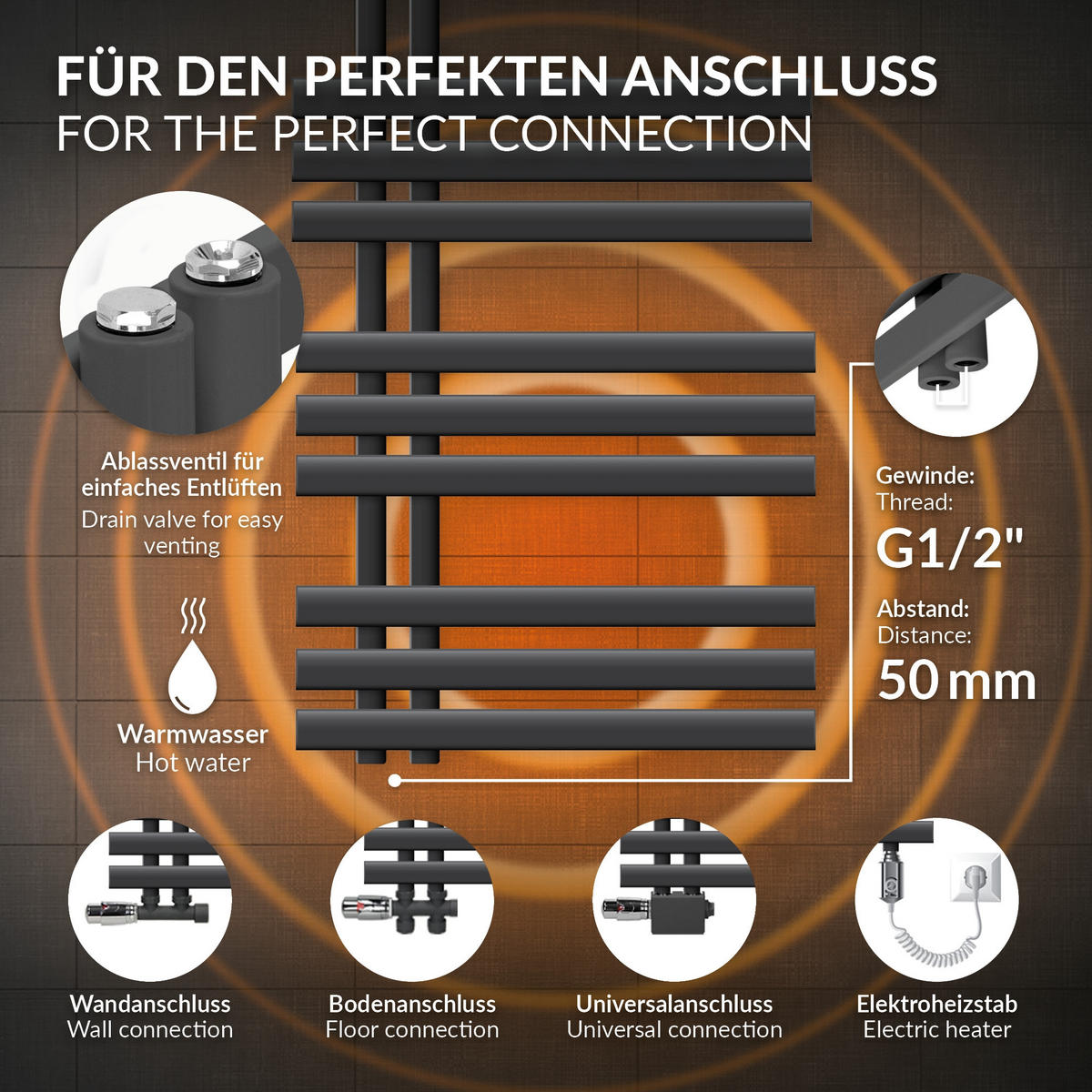 BADHEIZKÖRPER Iron EM 500x1200 mm Anthrazit mit Ventil Eckform - Anthrazit, Metall (50/120/3cm) - LuxeBath