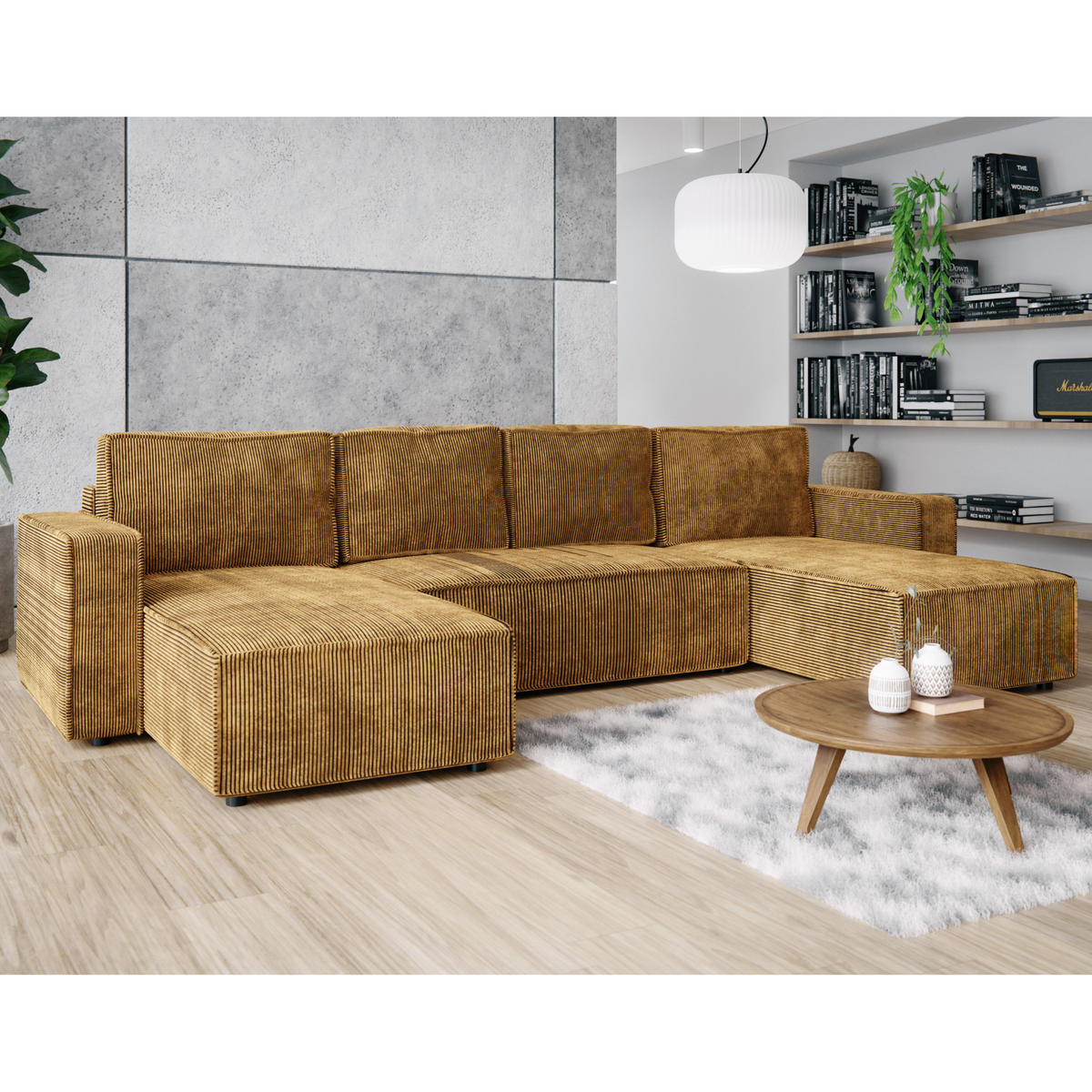 WOHNLANDSCHAFT BRIK XL 338x169 cm, Senfgelb Cord Poso, Schlaffunktion & Bettkasten - Gelb, Textil (338/85/169cm) - Excellent Home