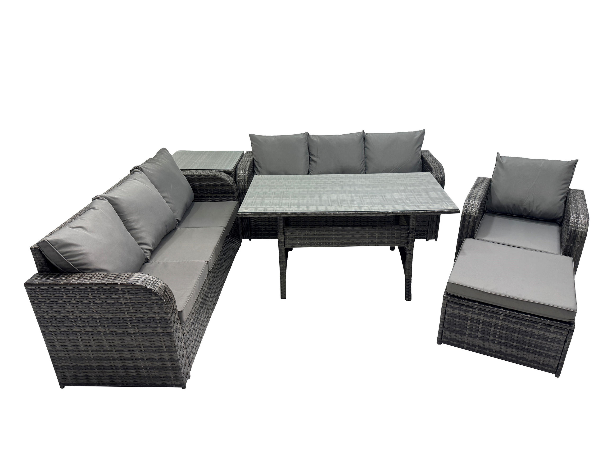 GARTENTISCHGRUPPE mit Große Fußhocker,Beistelltisch Polyrattan Dunkelgrau 8-Sitzer - Dunkelgrau/Grau, Glas/Kunststoff - Fimous