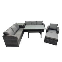 GARTENTISCHGRUPPE mit Große Fußhocker,Beistelltisch Polyrattan Dunkelgrau 8-Sitzer - Dunkelgrau/Grau, Glas/Kunststoff - Fimous