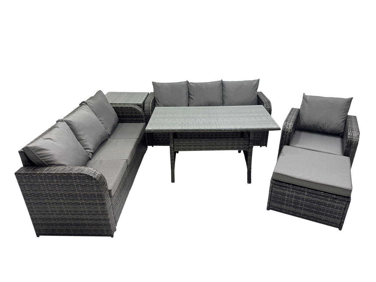 GARTENTISCHGRUPPE mit Große Fußhocker,Beistelltisch Polyrattan Dunkelgrau 8-Sitzer - Dunkelgrau/Grau, Glas/Kunststoff - Fimous