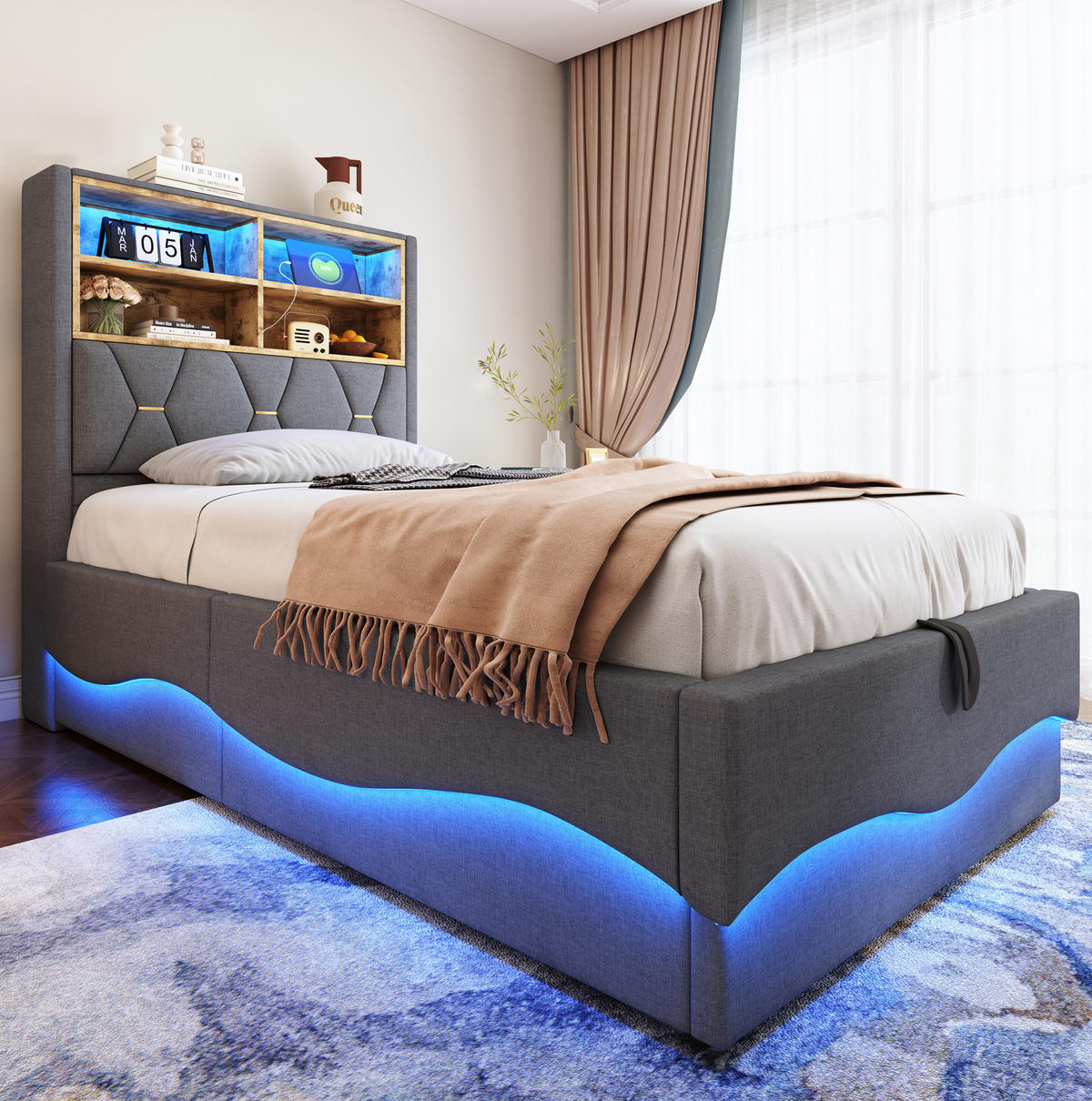 BETT mit Stauraum und LED 90x200 cm Leinenstoff Grau - Grau, Metall (90/200cm) - Beauniv