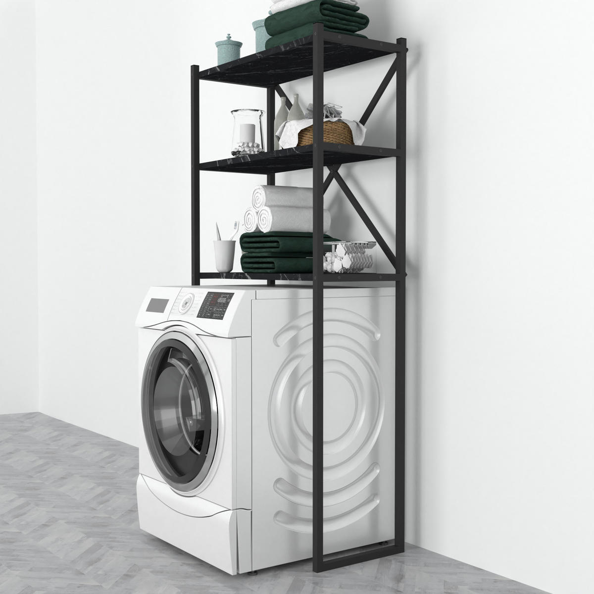 BADEZIMMERREGAL Askersund - Schwarz, Holzwerkstoff/Metall (66/160/34cm) - [en.casa]