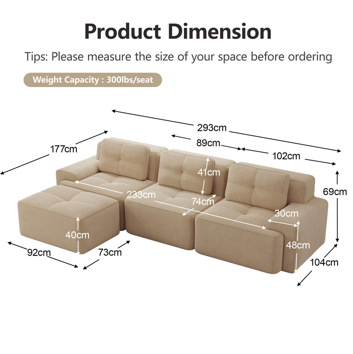 ECKSOFA aus Cord in Beige mit boneless Design - Beige, Textil (177/293cm) - Modfu
