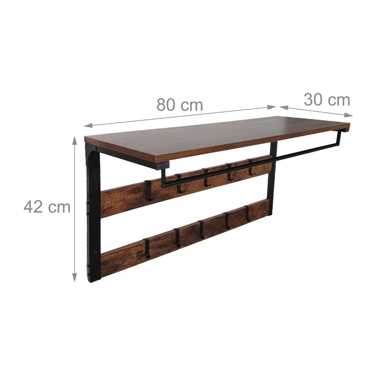 WANDGARDEROBE Dunkelbraun Schwarz 10-Haken mit Ablage - Multicolor, Holzwerkstoff/Metall (80/42/30cm) - Relaxdays