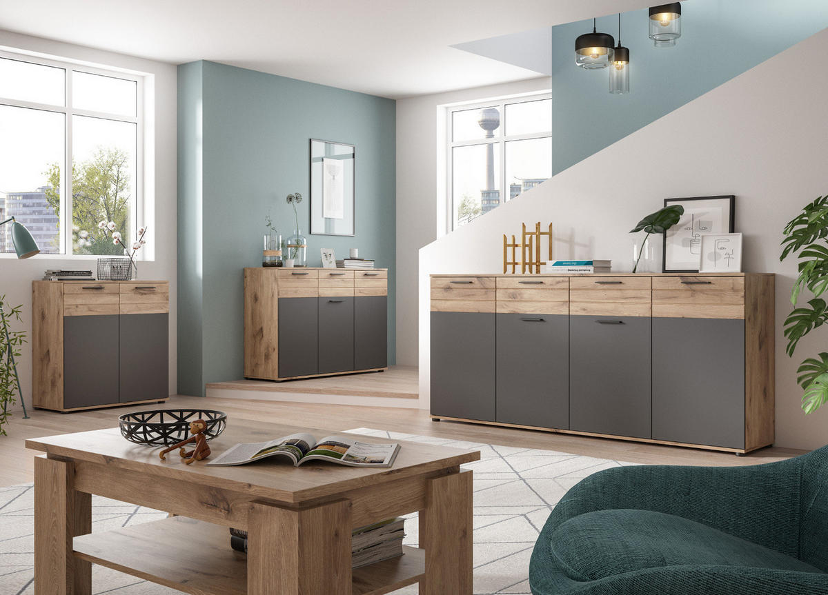 KOMMODE Eiche, grau 120 cm, Sideboard mit Soft-Close, Wohn- und Esszimmermöbel - Eichefarben/Schwarz, Holzwerkstoff/Kunststoff (120/87/40cm) - Inn.Furn