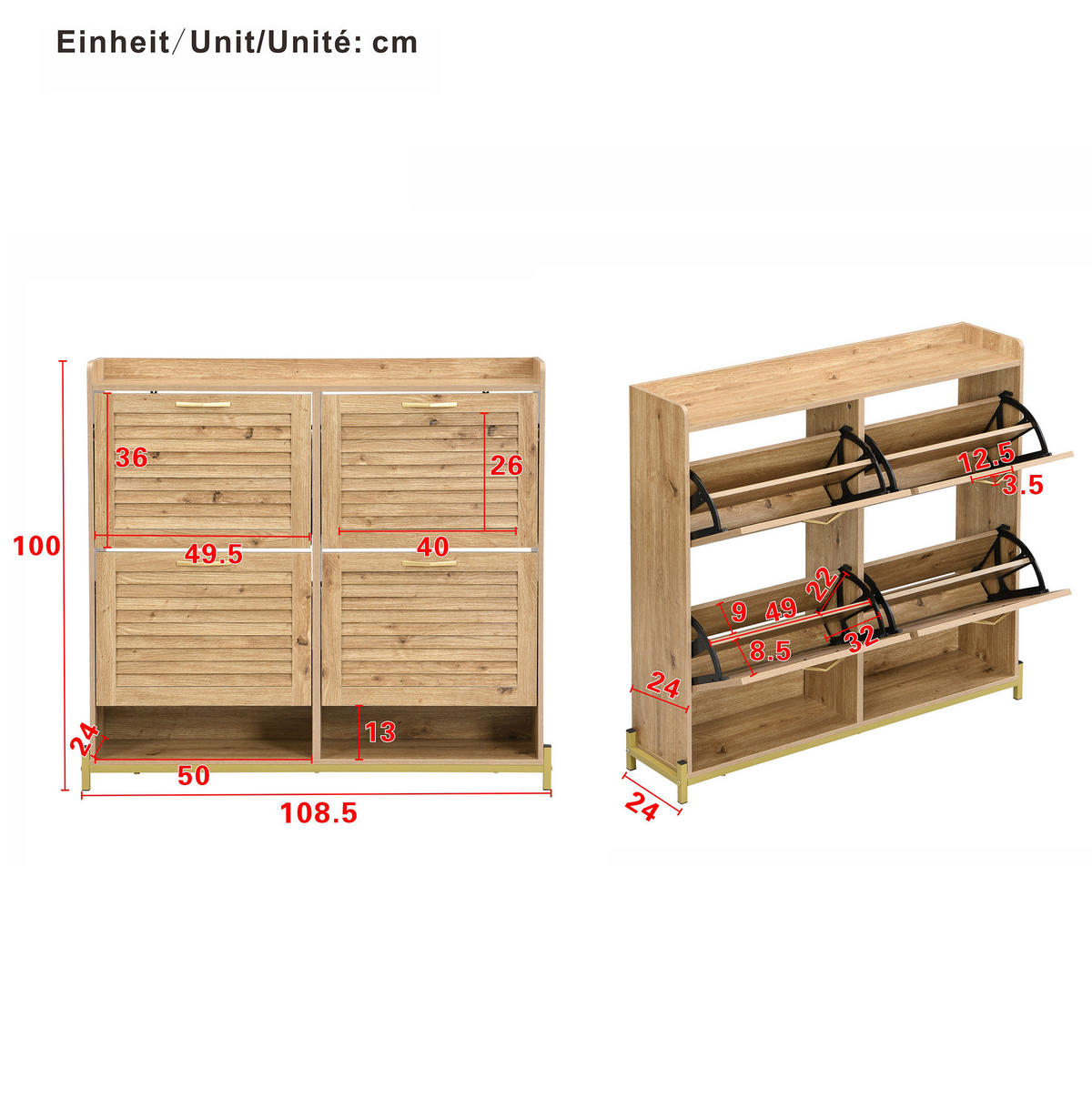 SCHUHSCHRANK 108,5/24/100 cm in Holzfarbe mit 4 Türen und Metallgestell - Naturfarben, Holzwerkstoff (108.5/100/24cm) - Flora Grace