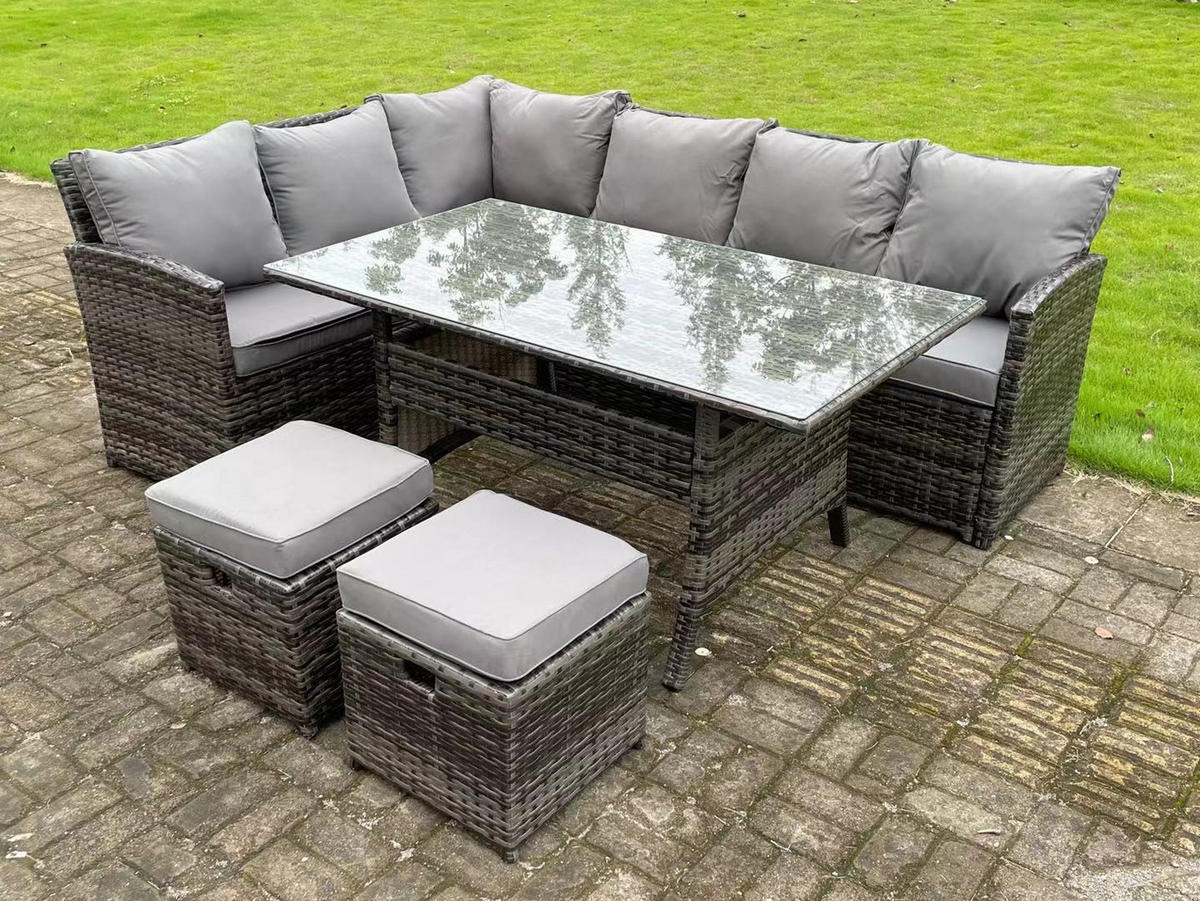 GARTENMÖBEL SET mit Rechteckiger Esstisch Polyrattan Dunkelgrau 8-Sitzer - Dunkelgrau/Grau, Glas/Kunststoff - Fimous