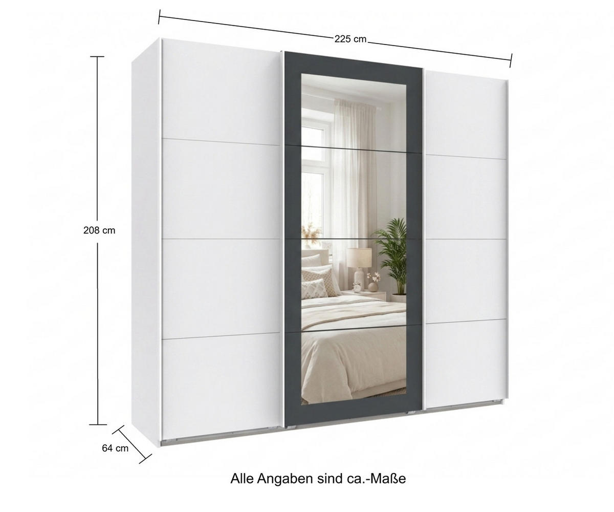SCHWEBETÜRENSCHRANK 3-türig B225/H208/64 cm Kleiderschrank in Weiß, Spiegel umrahmt in Grafit, Griffe Weiß / 22626 - Weiß, Holzwerkstoff/Metall (225/208/64cm) - luma-home