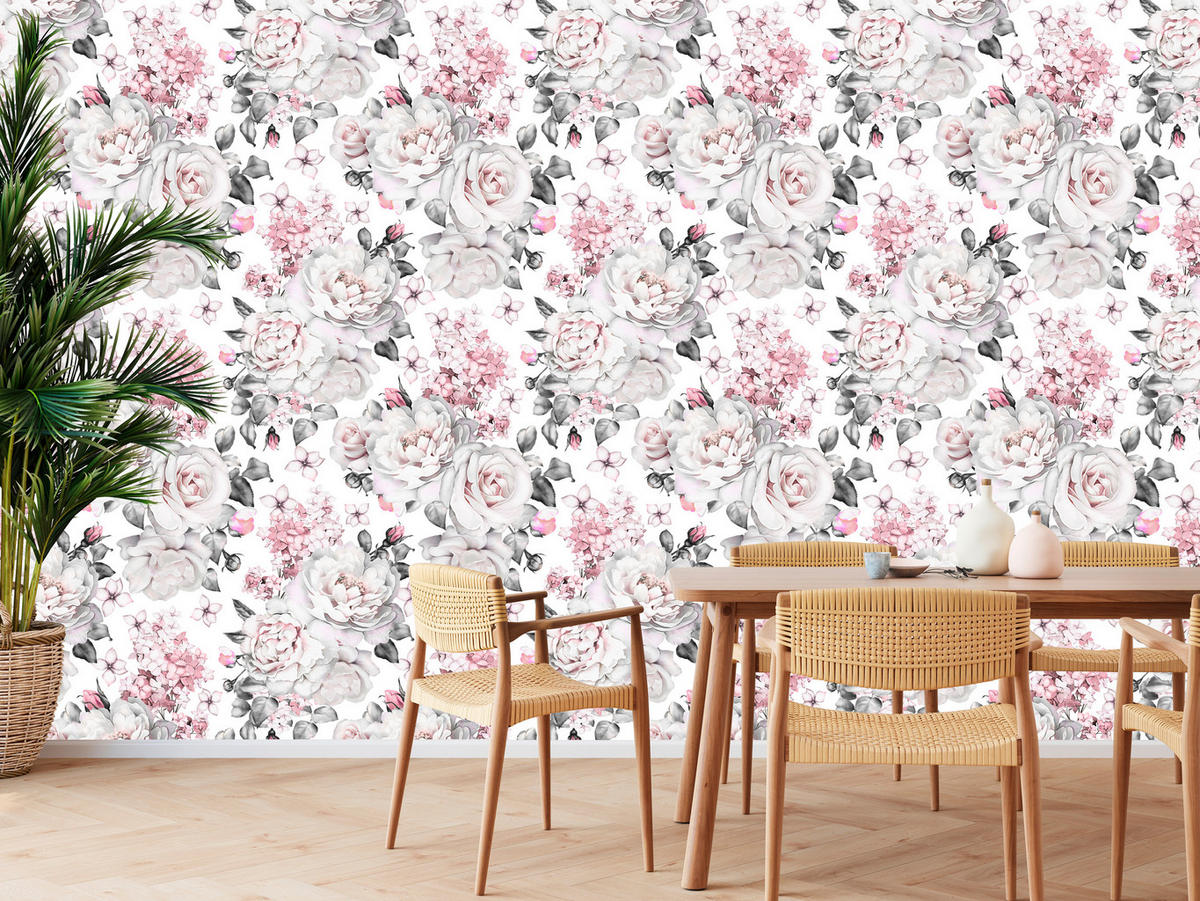 VLIESTAPETE Pastellrosen und Pfingstrosen – Rosa, Grau, Weiß – 50x1000 cm - Rosa/Weiß, Papier (50/1000cm) - Muralo