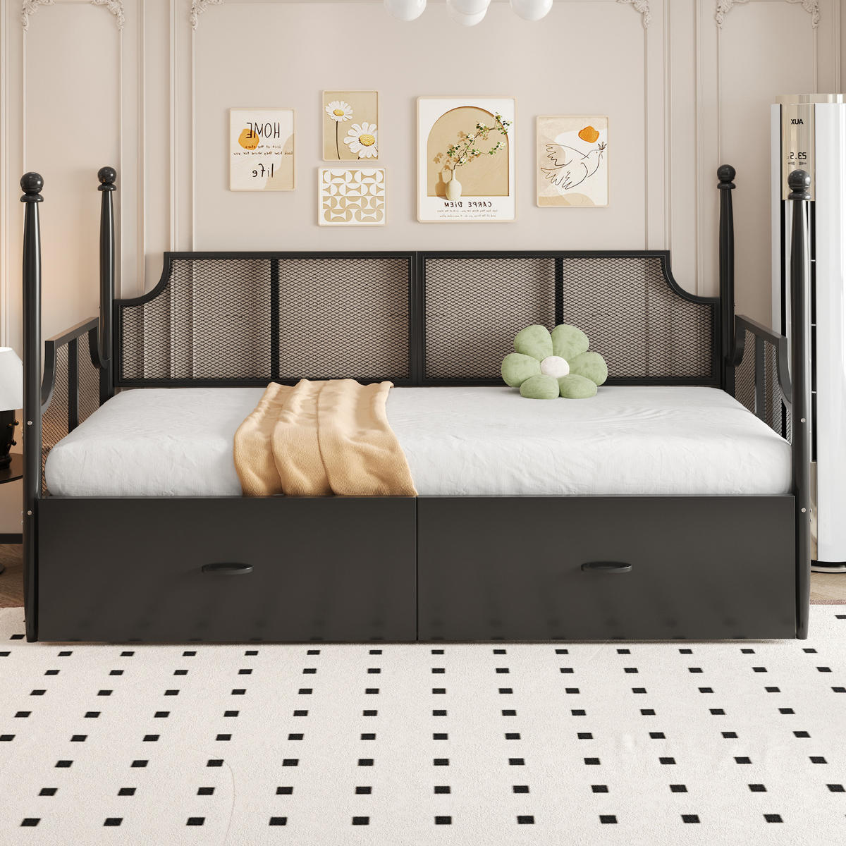 METALLBETT 90/200 cm Vintage Schwarz mit Ablagefächern - Schwarz, Metall (90/200cm) - OKWISH