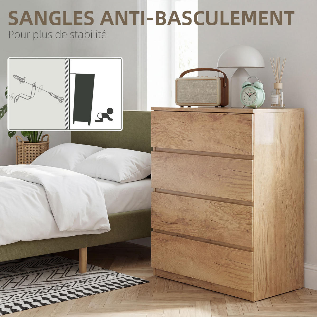 KOMOODE DE-12863 4 Schubladen, grifflos, minimalistisch Natur - Naturfarben, Holzwerkstoff (60/80/40cm) - ComfortXL