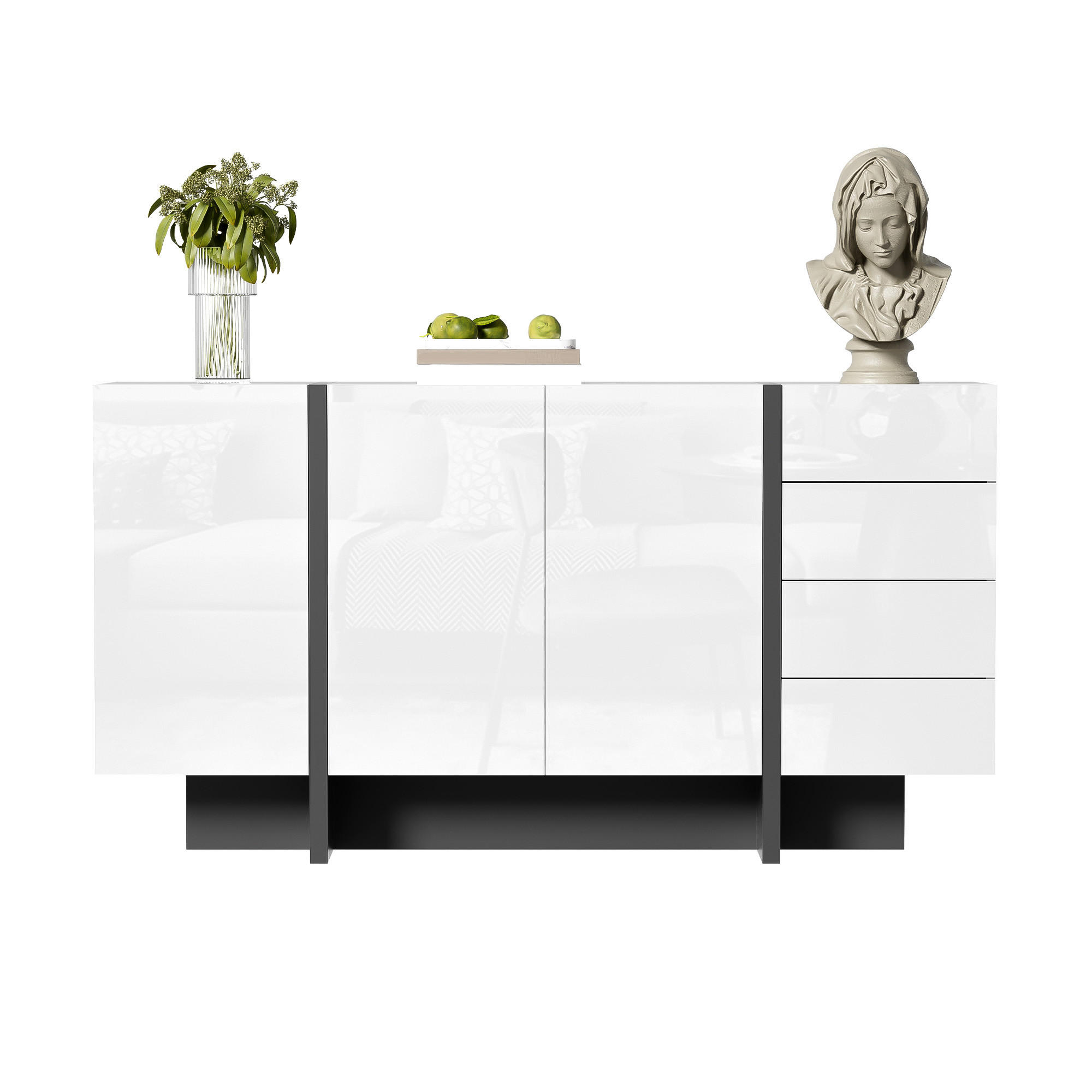 SIDEBOARD Anrichte mit Hochglanz-Oberfläche 2 Türen 4 Schubladen Weiß - Schwarz/Weiß, Holzwerkstoff/Metall (150/80.5/40cm) - EVRYAE